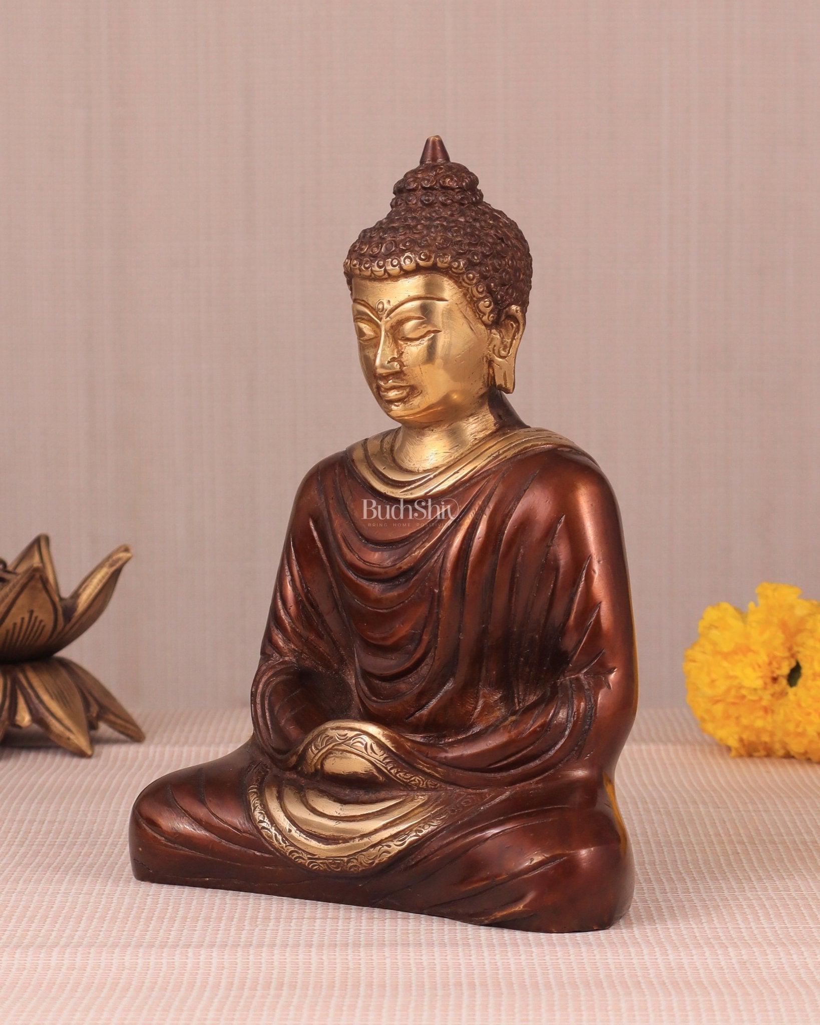 Pure Brass Buddha in Meditation Statue - Dual Tone, 7.5" - Budhshiv.com