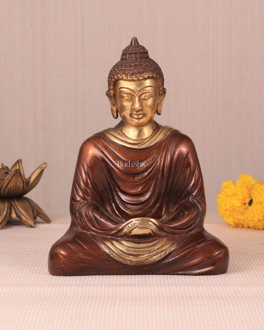 Pure Brass Buddha in Meditation Statue - Dual Tone, 7.5" - Budhshiv.com
