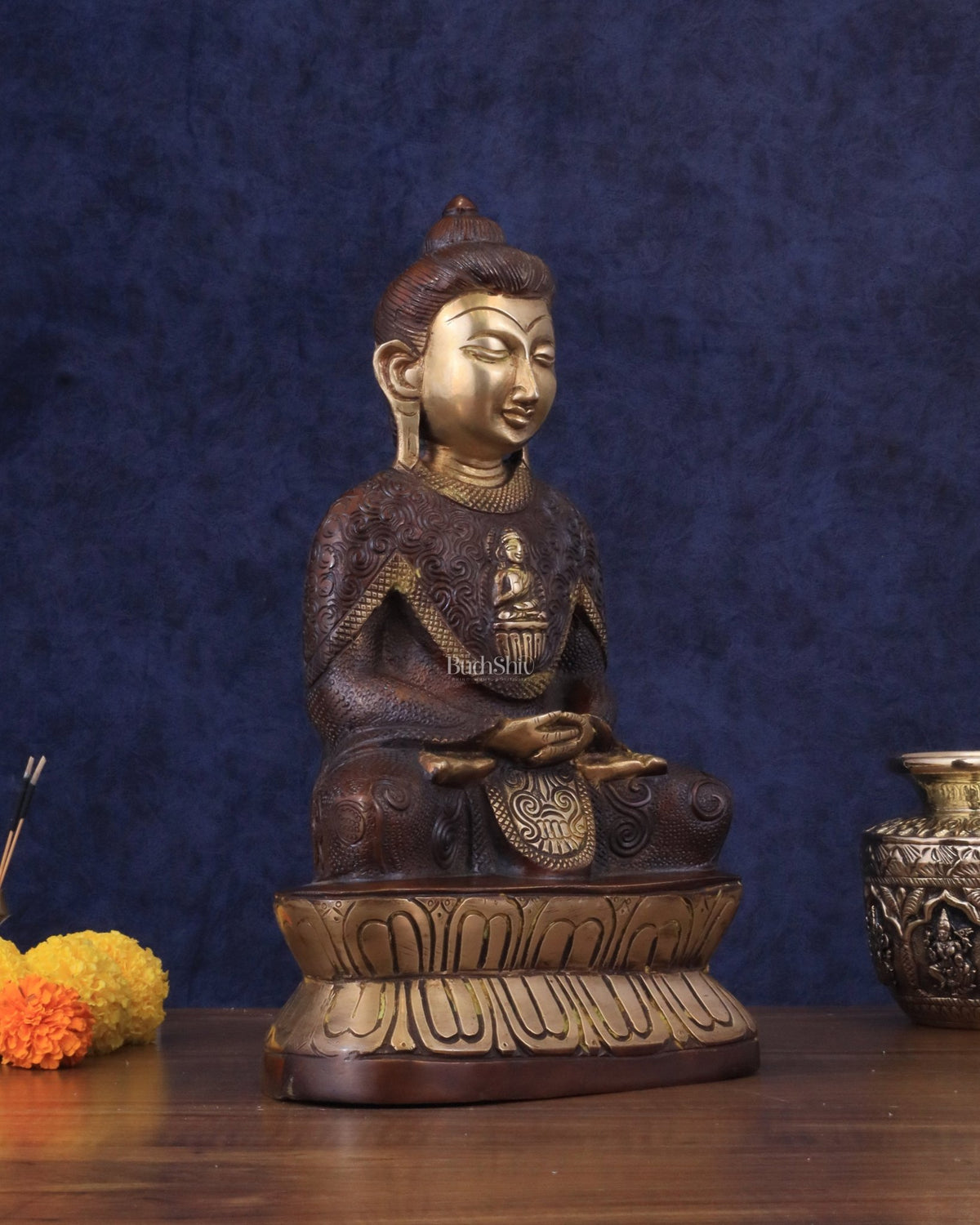 Pure Brass Buddha in Meditation with Unique Carvings - Dual Tone Brown & Gold, 13.5" - Budhshiv.com