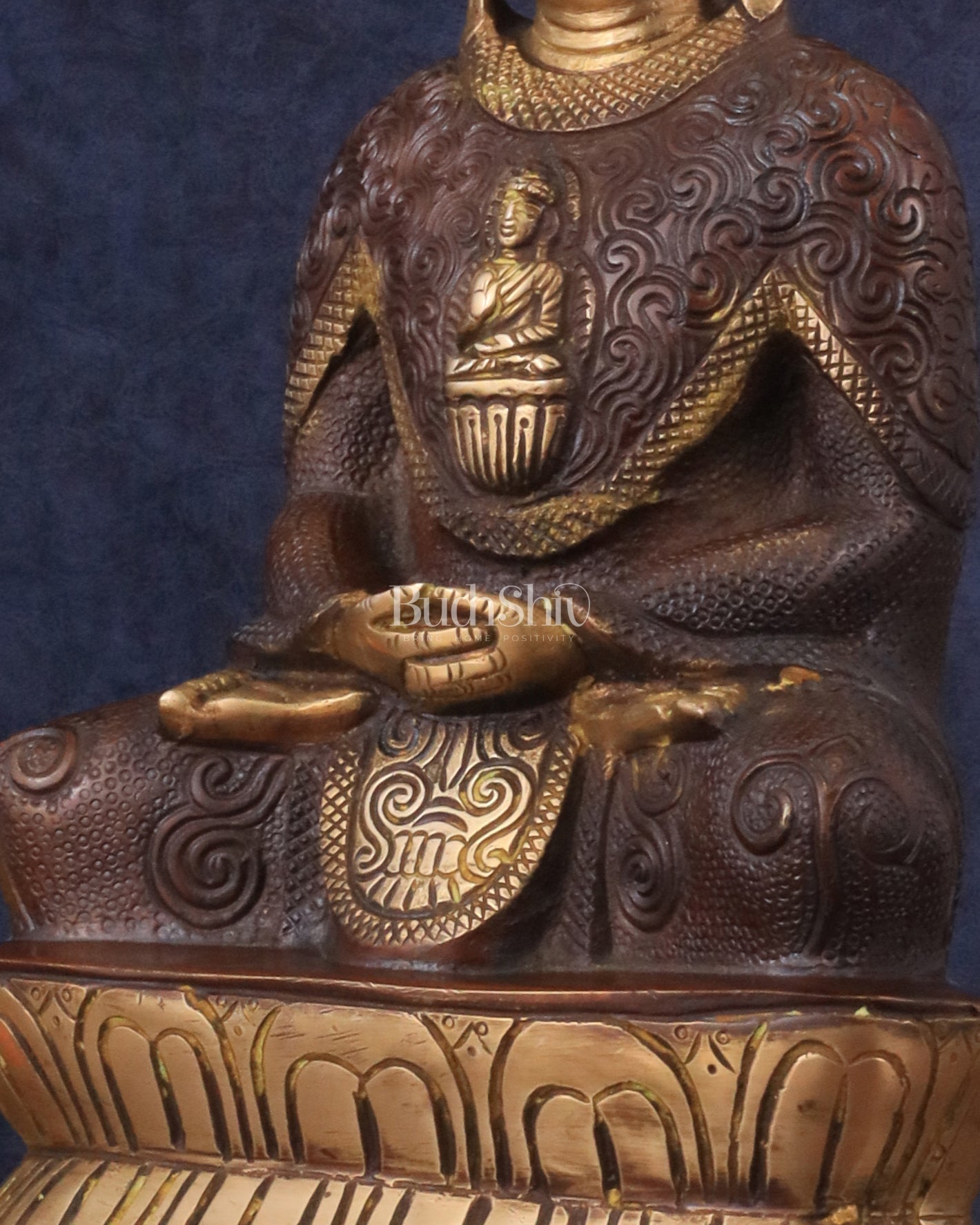Pure Brass Buddha in Meditation with Unique Carvings - Dual Tone Brown & Gold, 13.5" - Budhshiv.com