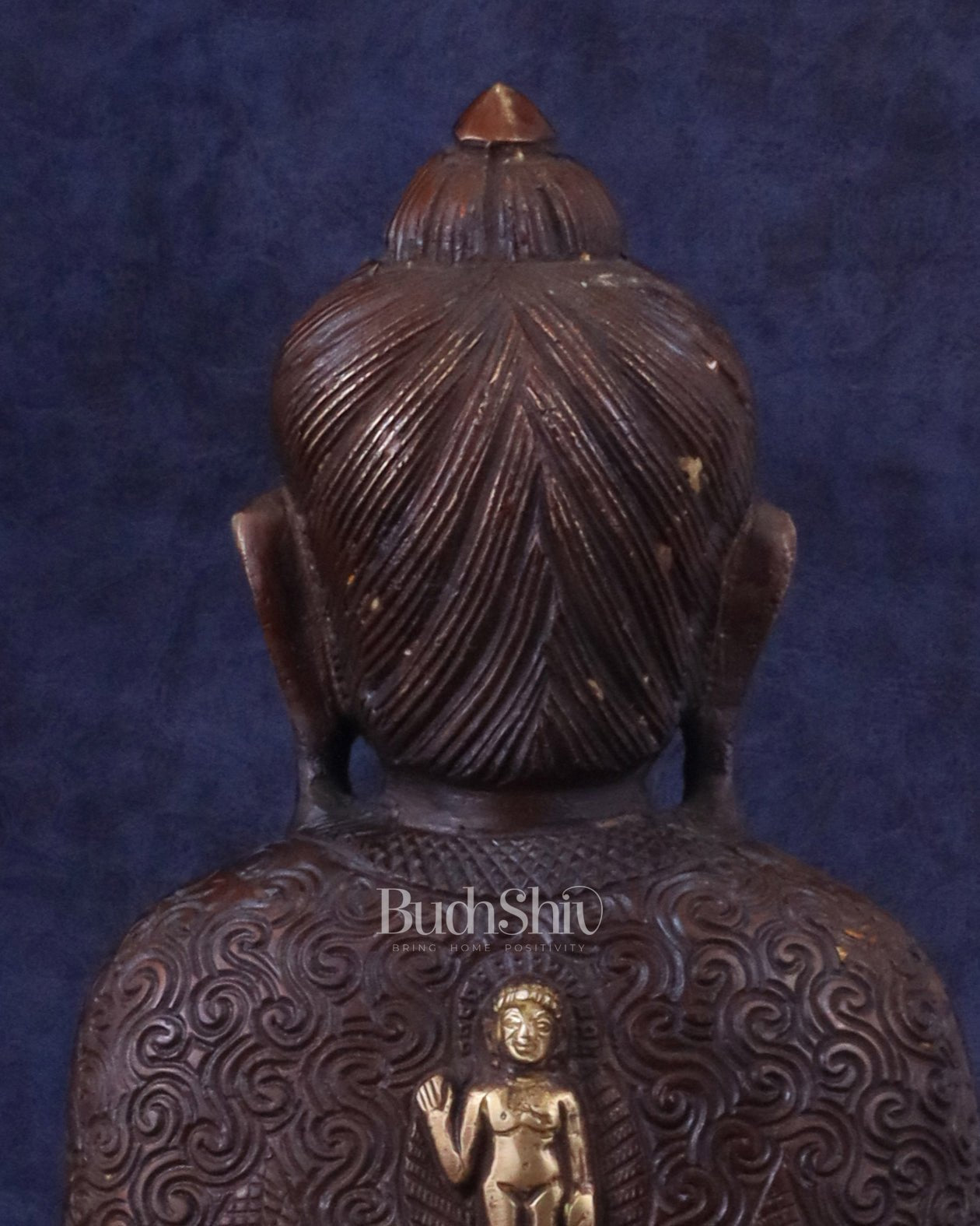 Pure Brass Buddha in Meditation with Unique Carvings - Dual Tone Brown & Gold, 13.5" - Budhshiv.com