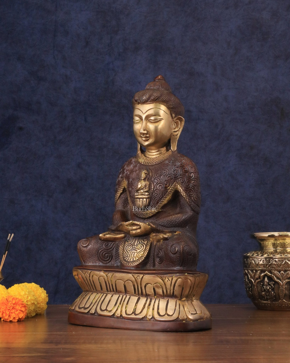 Pure Brass Buddha in Meditation with Unique Carvings - Dual Tone Brown & Gold, 13.5" - Budhshiv.com
