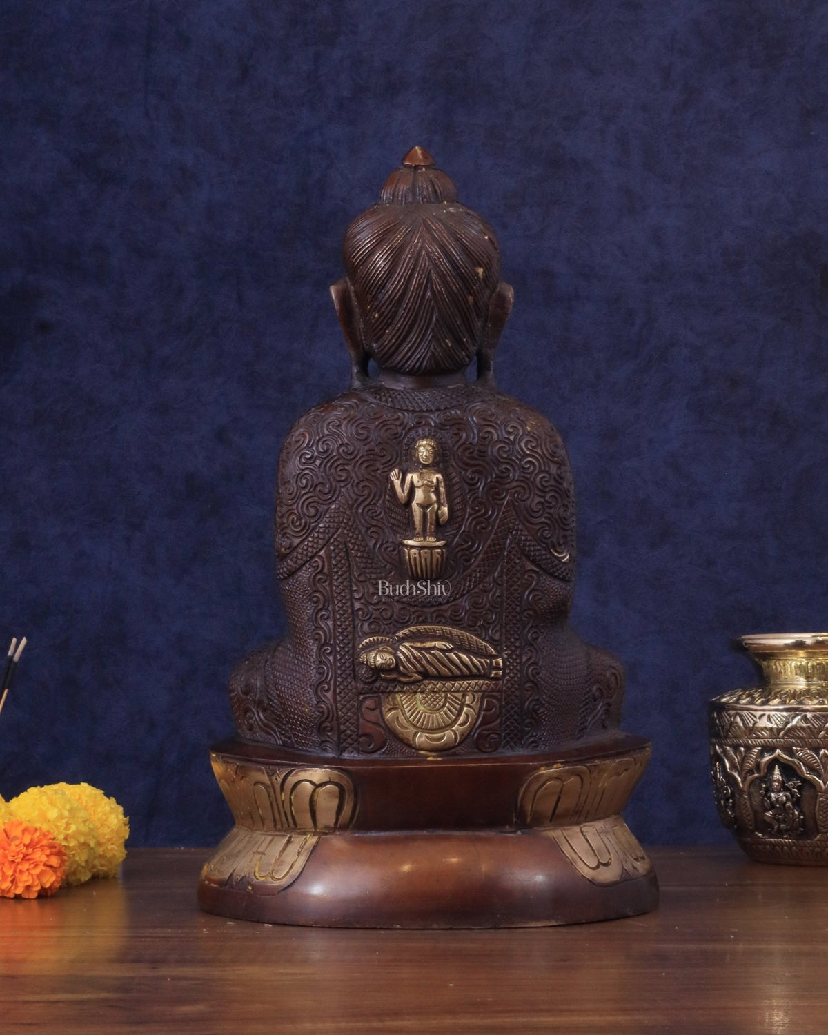 Pure Brass Buddha in Meditation with Unique Carvings - Dual Tone Brown & Gold, 13.5" - Budhshiv.com