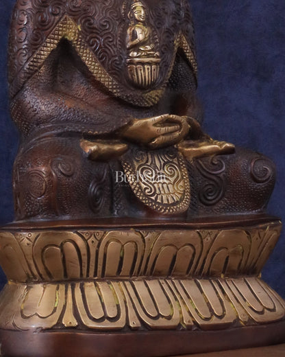 Pure Brass Buddha in Meditation with Unique Carvings - Dual Tone Brown & Gold, 13.5" - Budhshiv.com