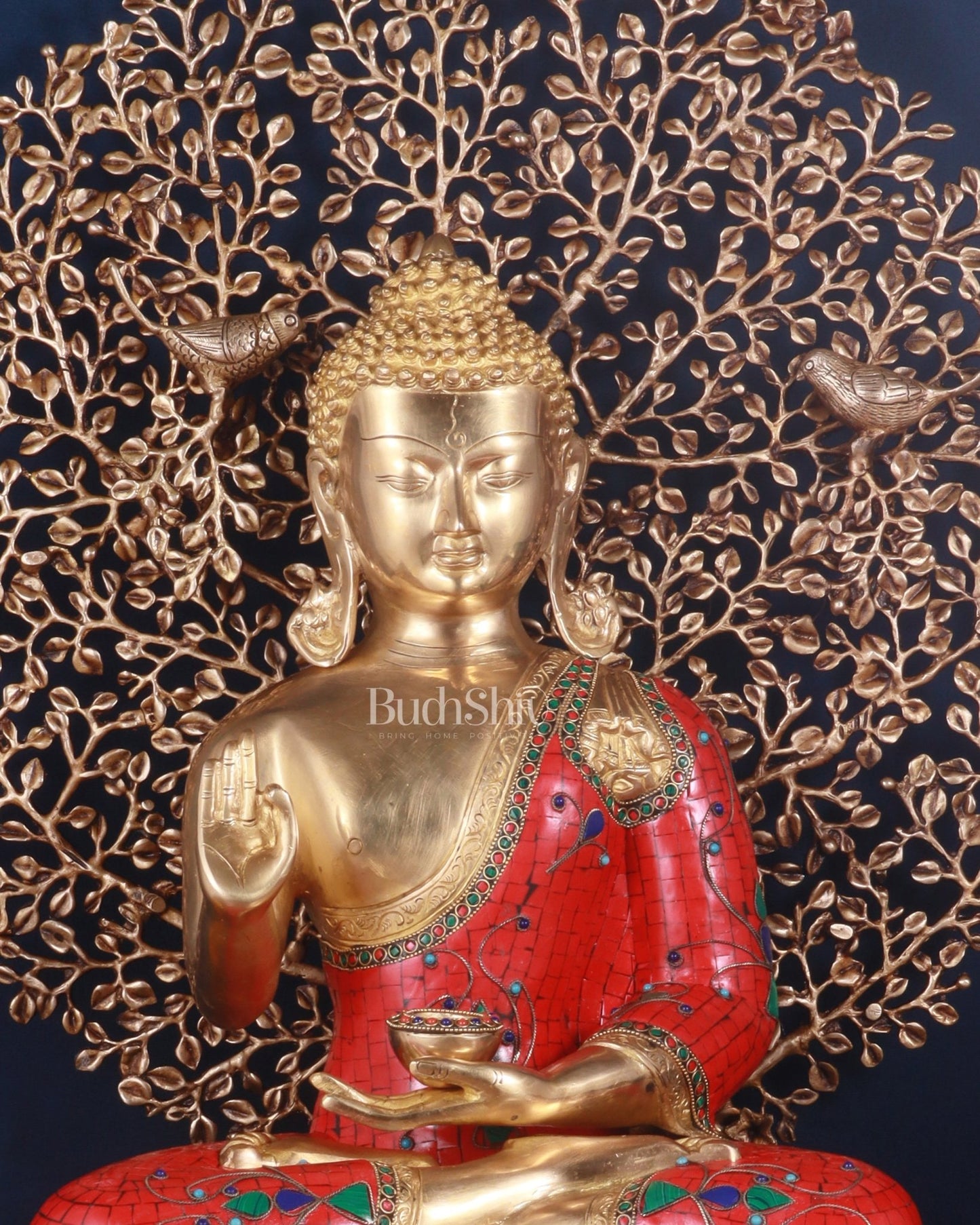 Pure Brass Buddha in Meenakari Stonework with Kalpavriksha Tree Statue 29" - Budhshiv.com