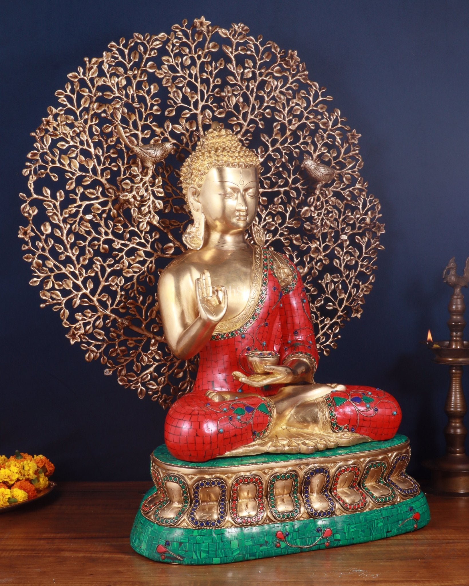 Pure Brass Buddha in Meenakari Stonework with Kalpavriksha Tree Statue 29" - Budhshiv.com