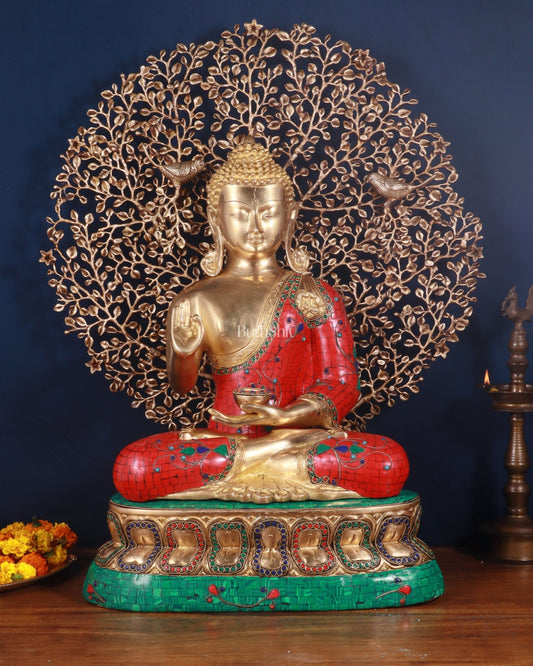 Pure Brass Buddha in Meenakari Stonework with Kalpavriksha Tree Statue 29" - Budhshiv.com