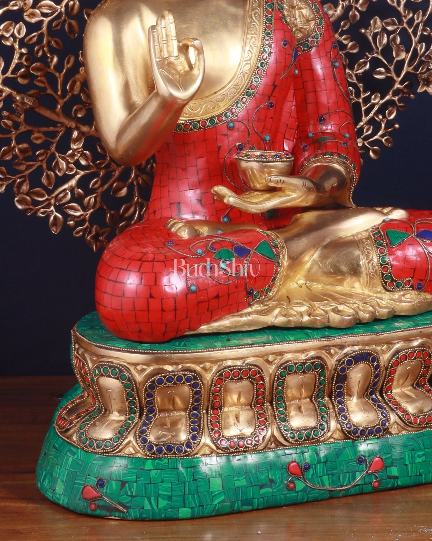 Pure Brass Buddha in Meenakari Stonework with Kalpavriksha Tree Statue 29" - Budhshiv.com