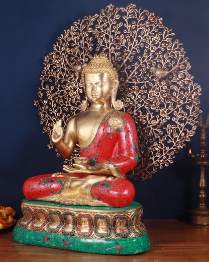 Pure Brass Buddha in Meenakari Stonework with Kalpavriksha Tree Statue 29" - Budhshiv.com