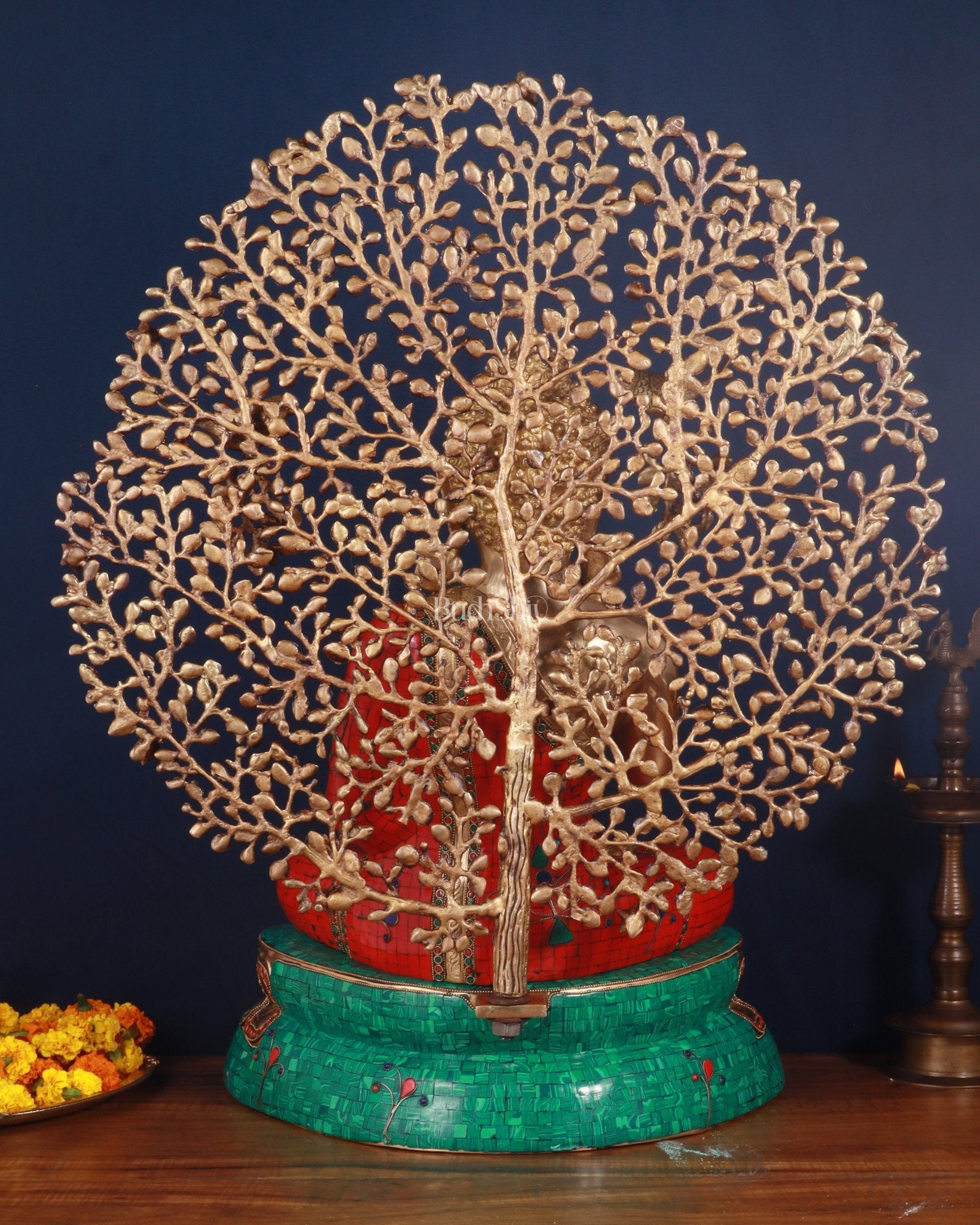 Pure Brass Buddha in Meenakari Stonework with Kalpavriksha Tree Statue 29" - Budhshiv.com