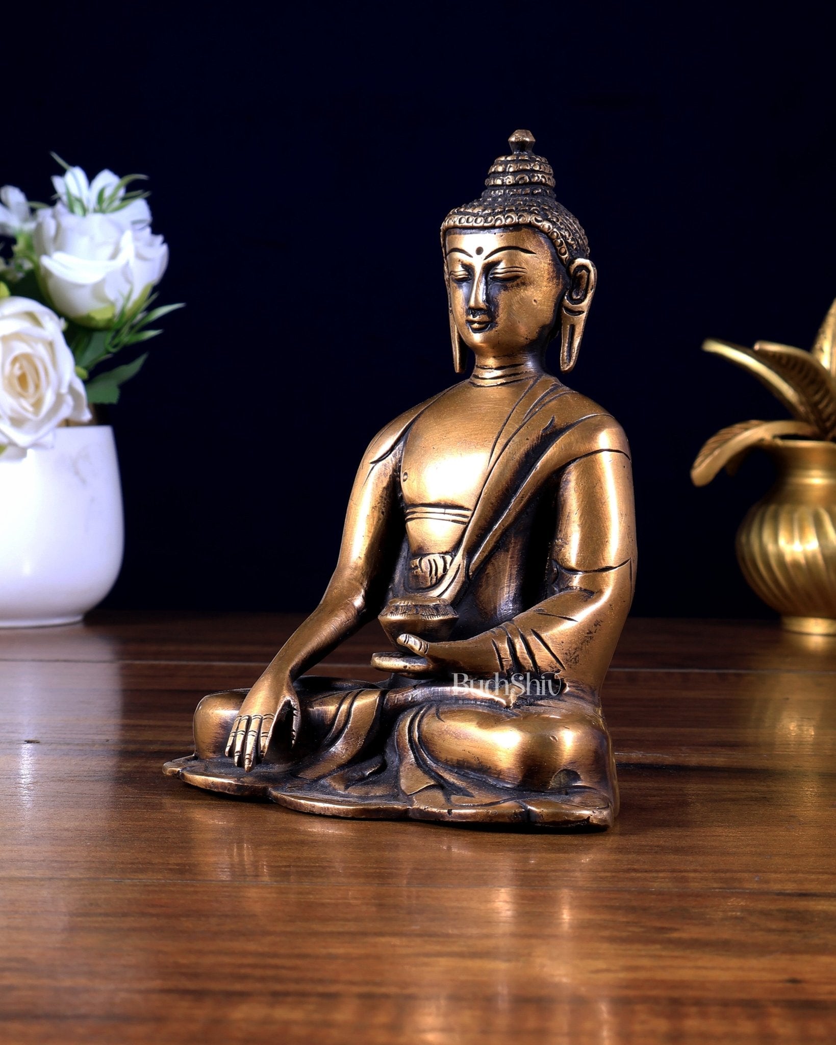 Pure Brass Buddha in Varada Mudra – Vintage Tone 6 inch - Budhshiv.com