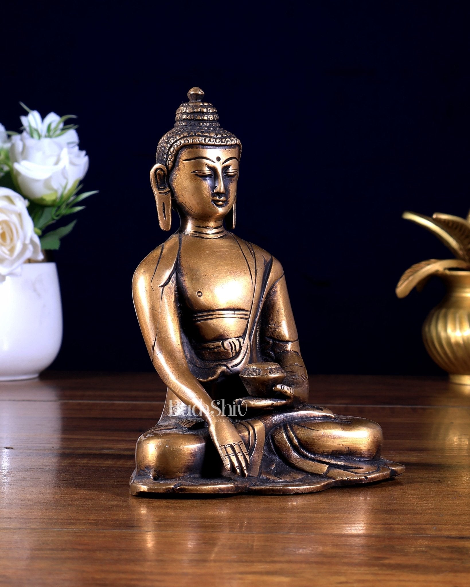 Pure Brass Buddha in Varada Mudra – Vintage Tone 6 inch - Budhshiv.com