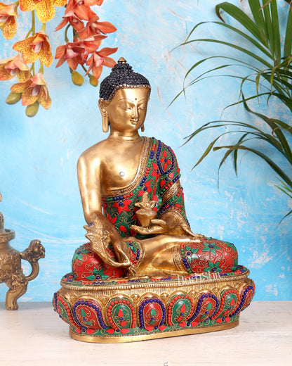 Pure Brass Buddha medicine Floral Stonework Statue - 13.5" - Budhshiv.com