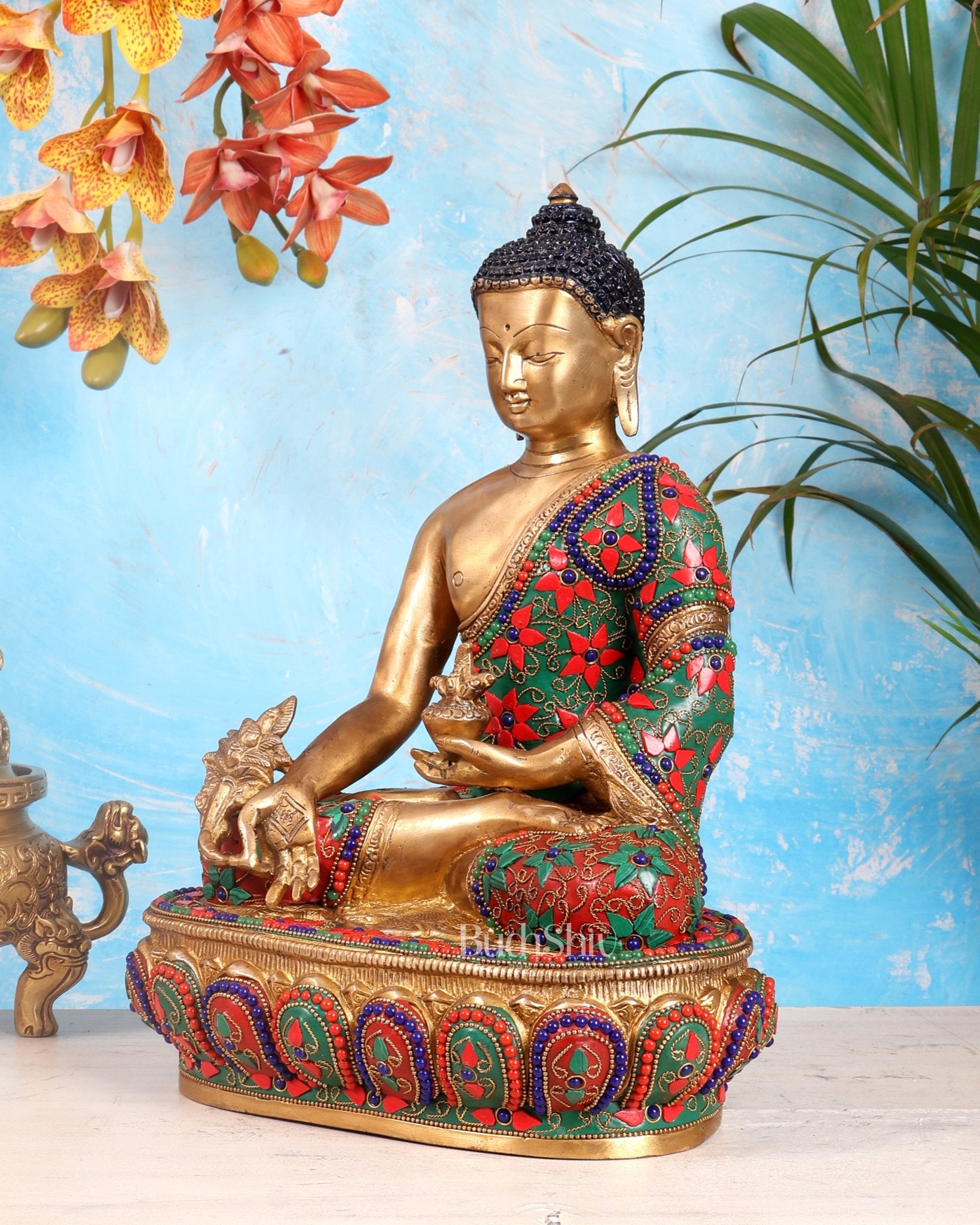 Pure Brass Buddha medicine Floral Stonework Statue - 13.5" - Budhshiv.com