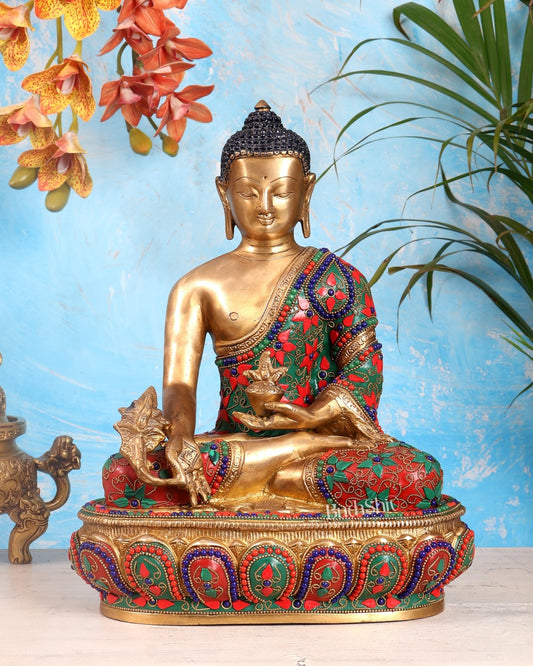 Pure Brass Buddha medicine Floral Stonework Statue - 13.5" - Budhshiv.com