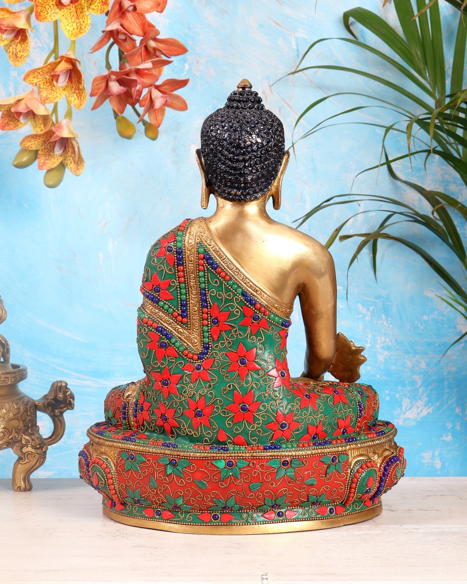 Pure Brass Buddha medicine Floral Stonework Statue - 13.5" - Budhshiv.com