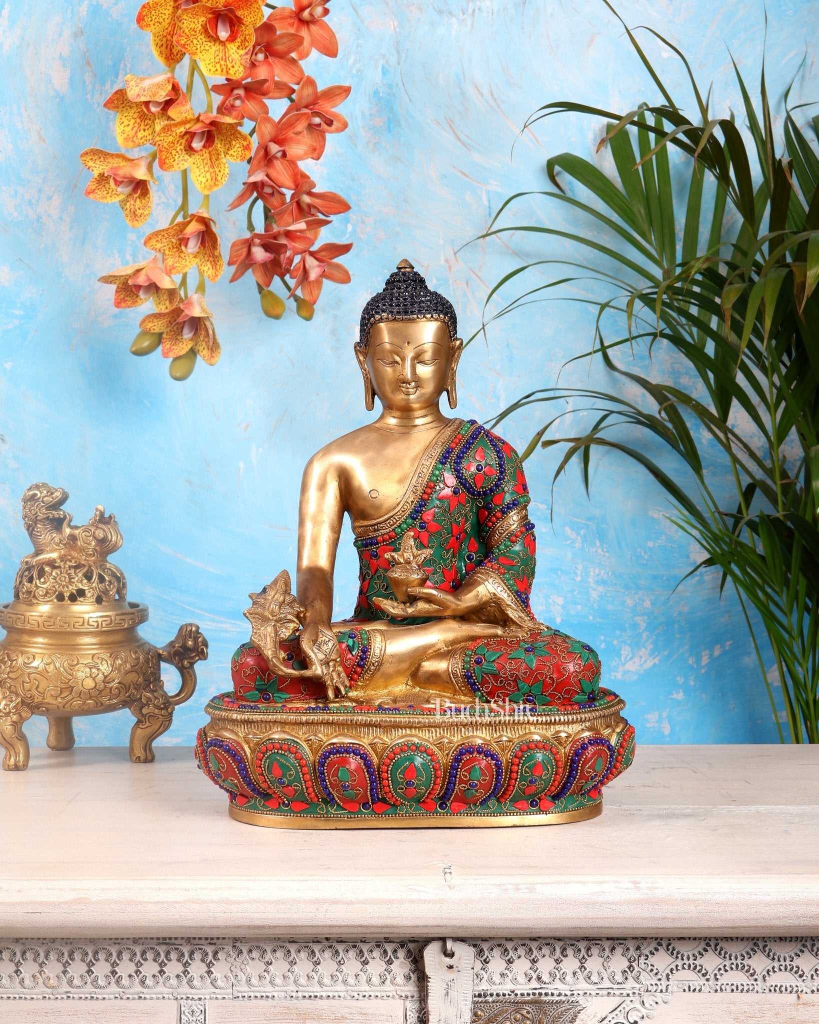 Pure Brass Buddha medicine Floral Stonework Statue - 13.5" - Budhshiv.com