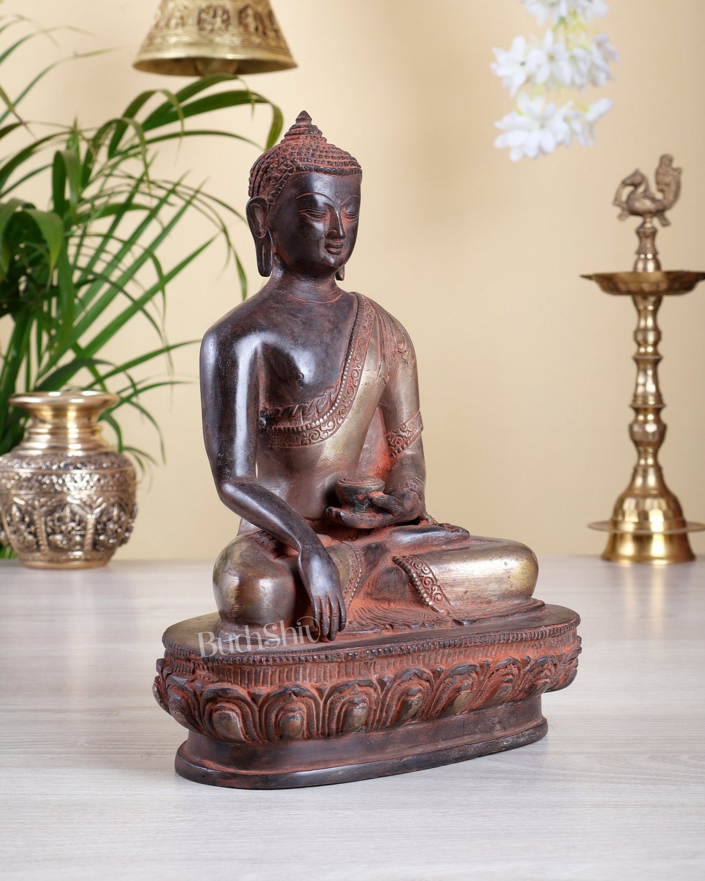 Pure Brass Buddha nirvana bhoomisparsha Statue - Red Antique Finish, 10.5" sandfinish - Budhshiv.com