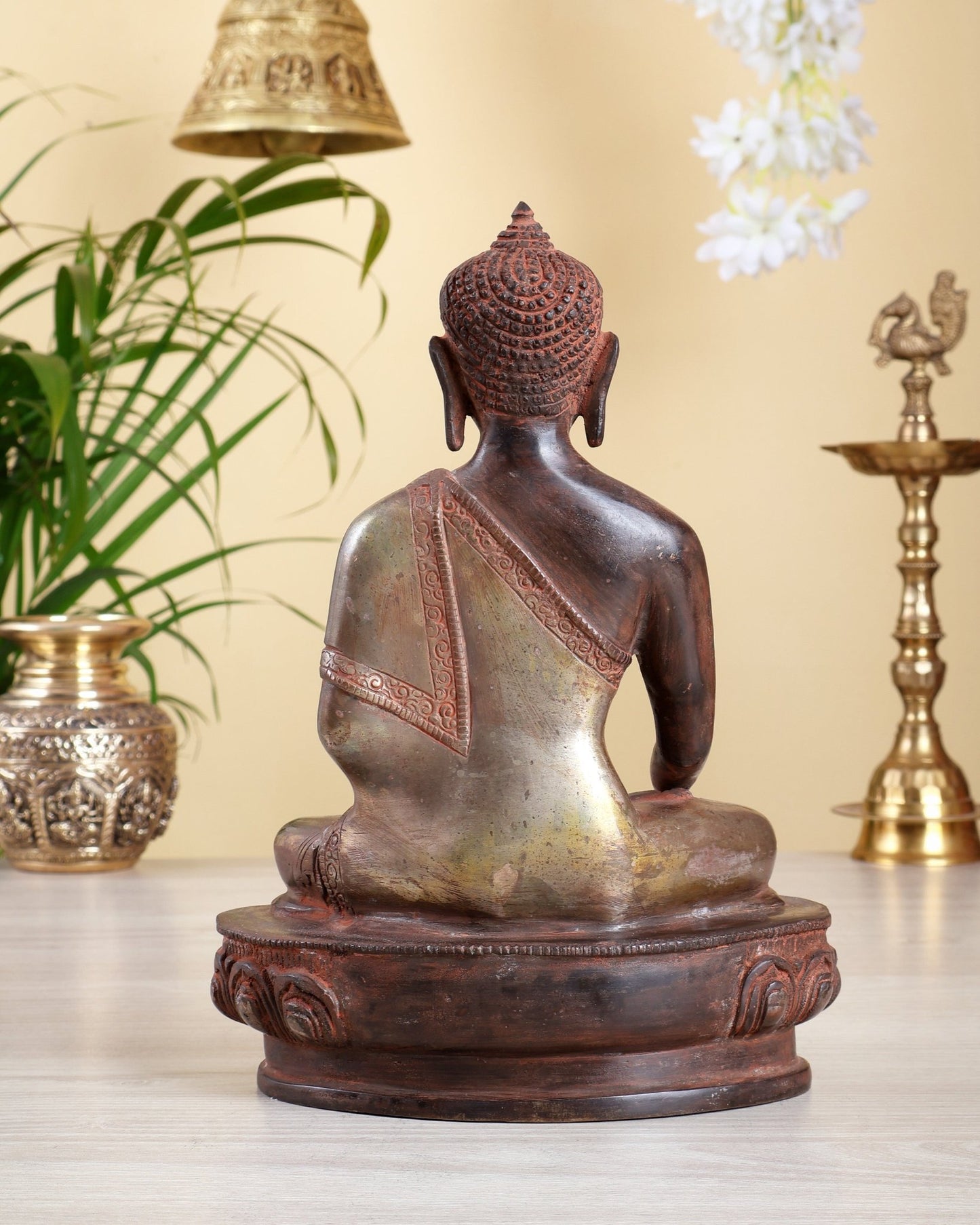 Pure Brass Buddha nirvana bhoomisparsha Statue - Red Antique Finish, 10.5" sandfinish - Budhshiv.com