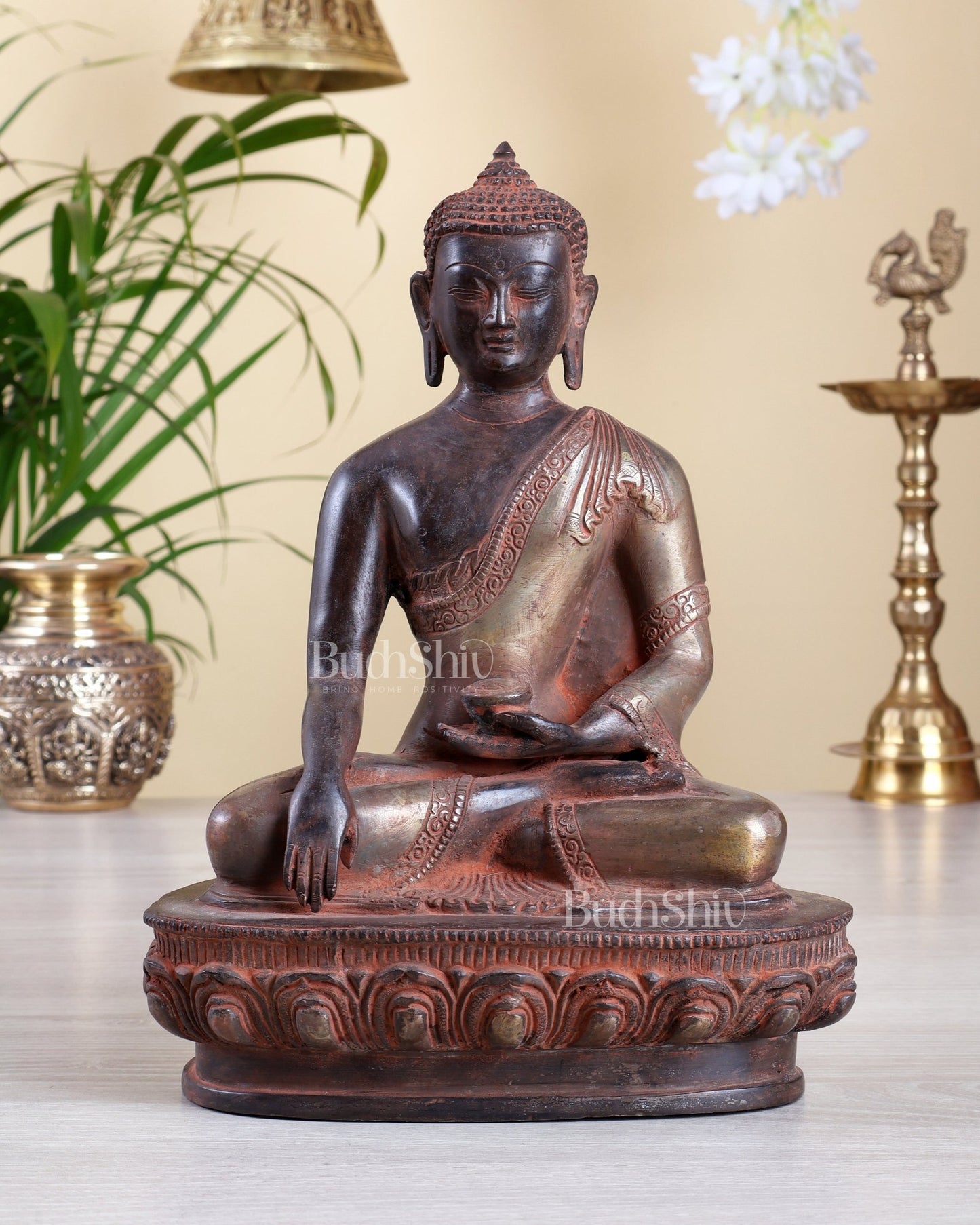 Pure Brass Buddha nirvana bhoomisparsha Statue - Red Antique Finish, 10.5" sandfinish - Budhshiv.com