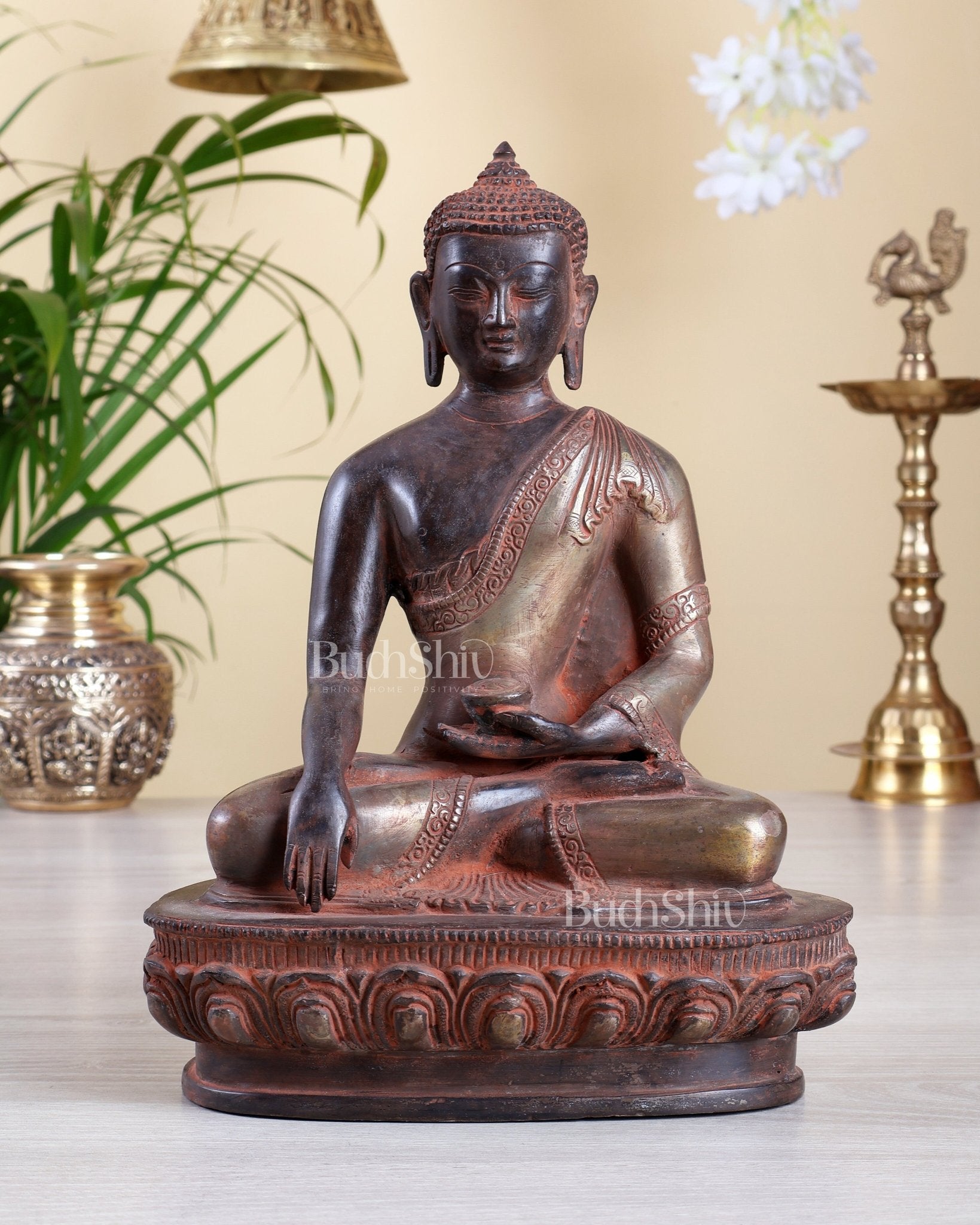 Pure Brass Buddha nirvana bhoomisparsha Statue - Red Antique Finish, 10.5" sandfinish - Budhshiv.com
