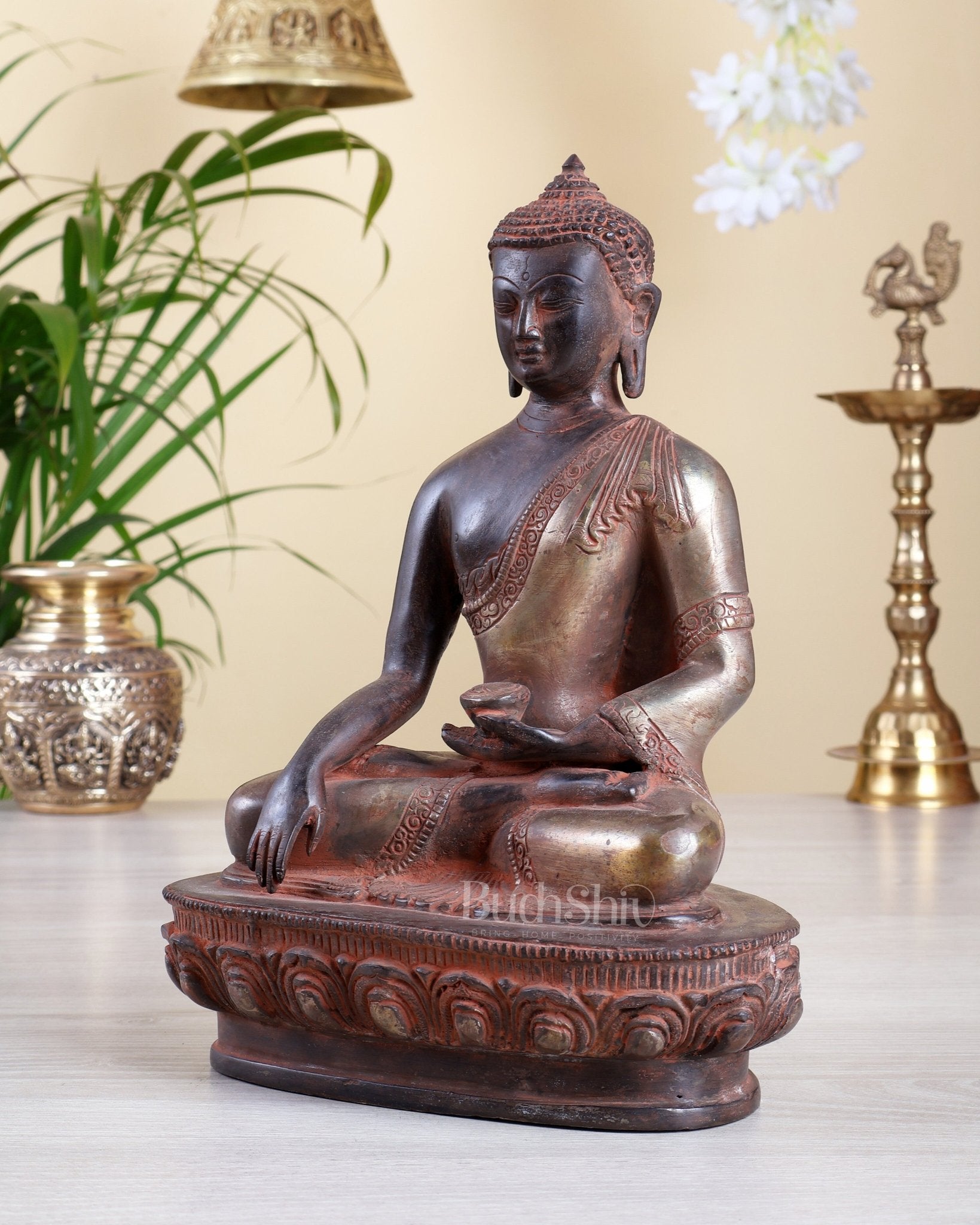 Pure Brass Buddha nirvana bhoomisparsha Statue - Red Antique Finish, 10.5" sandfinish - Budhshiv.com