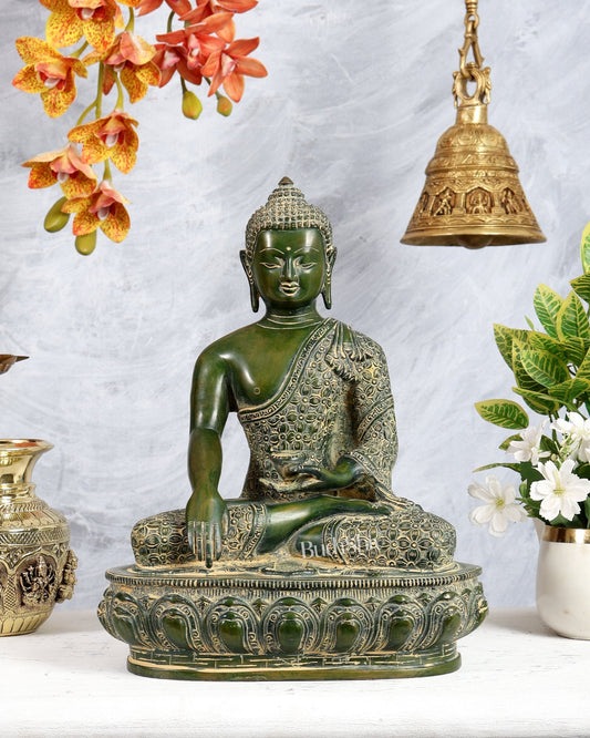 Pure Brass Buddha Sculpture - 13" antique green - Budhshiv.com
