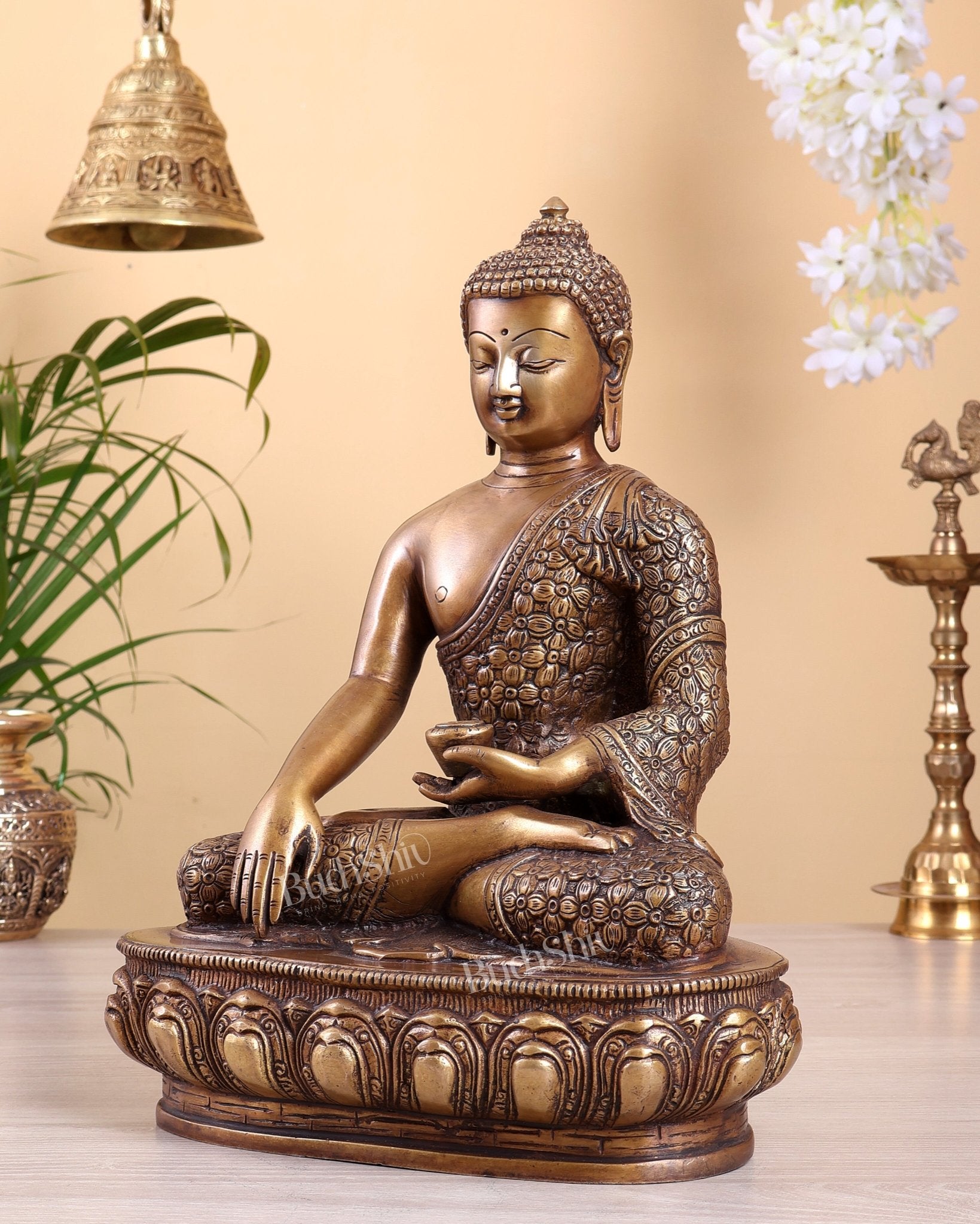 Pure Brass Buddha Sculpture - 13" antique tone - Budhshiv.com
