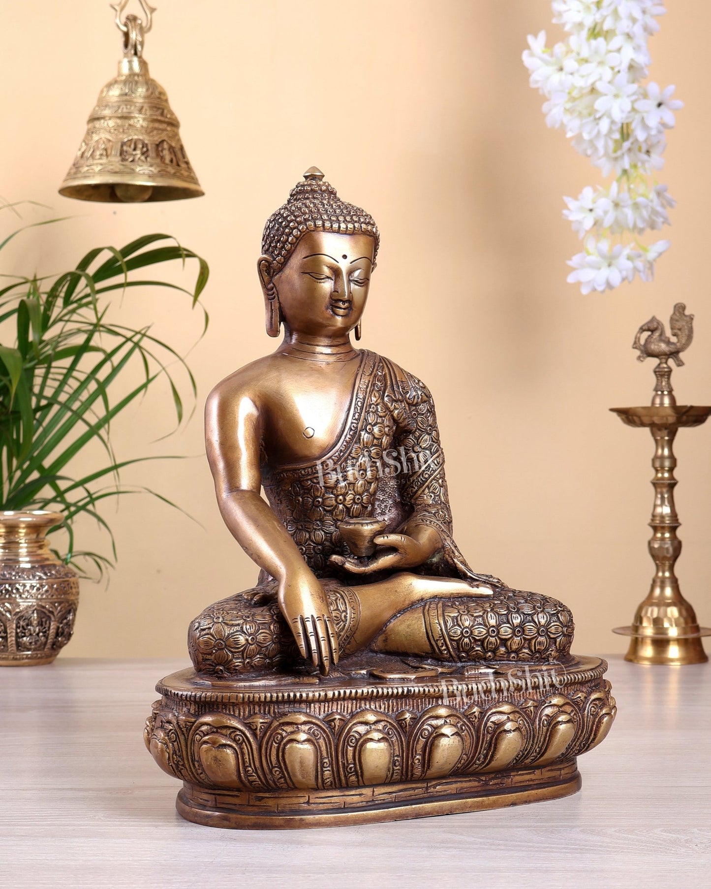 Pure Brass Buddha Sculpture - 13" antique tone - Budhshiv.com