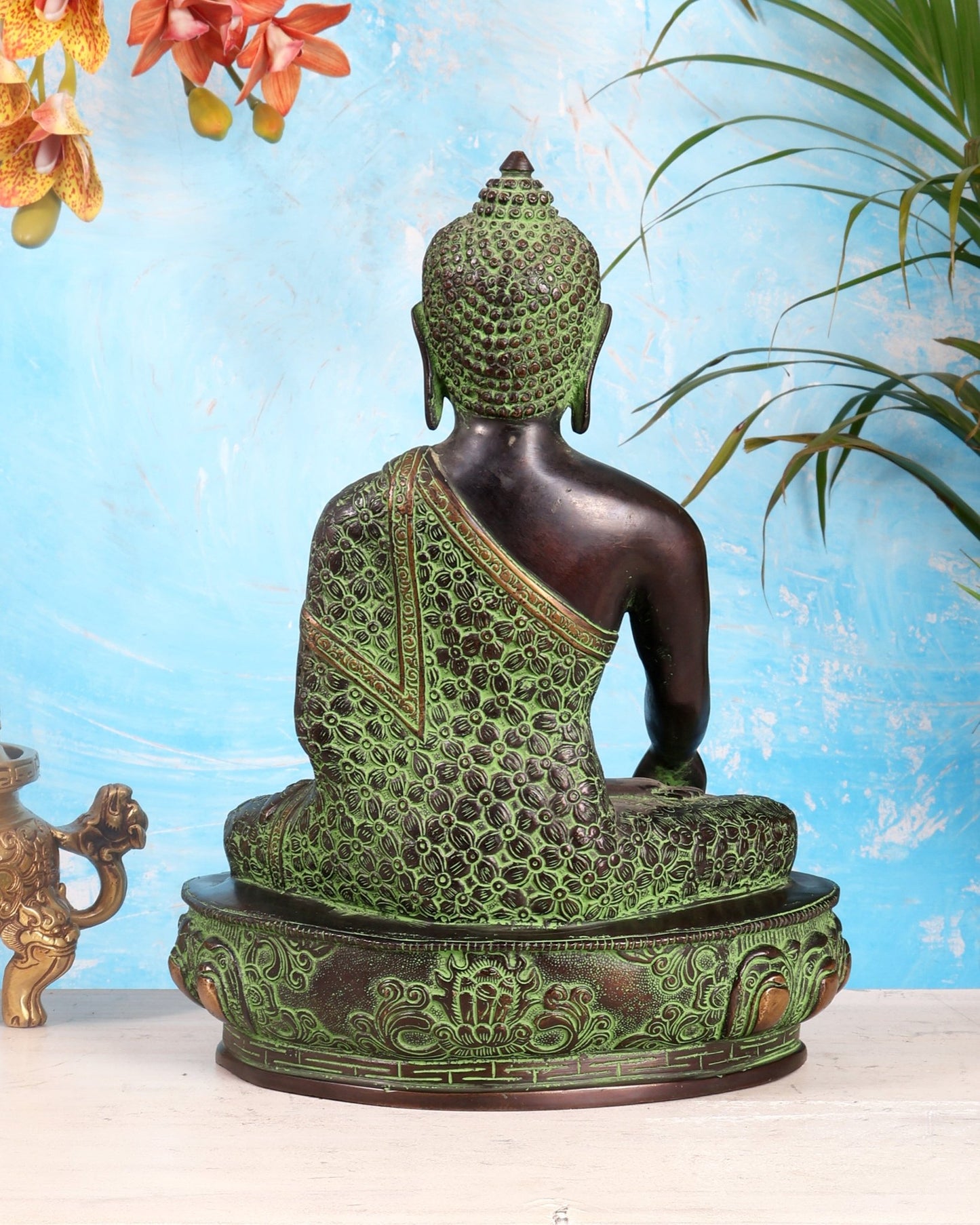 Pure Brass Buddha Sculpture - 13" black and green tone - Budhshiv.com