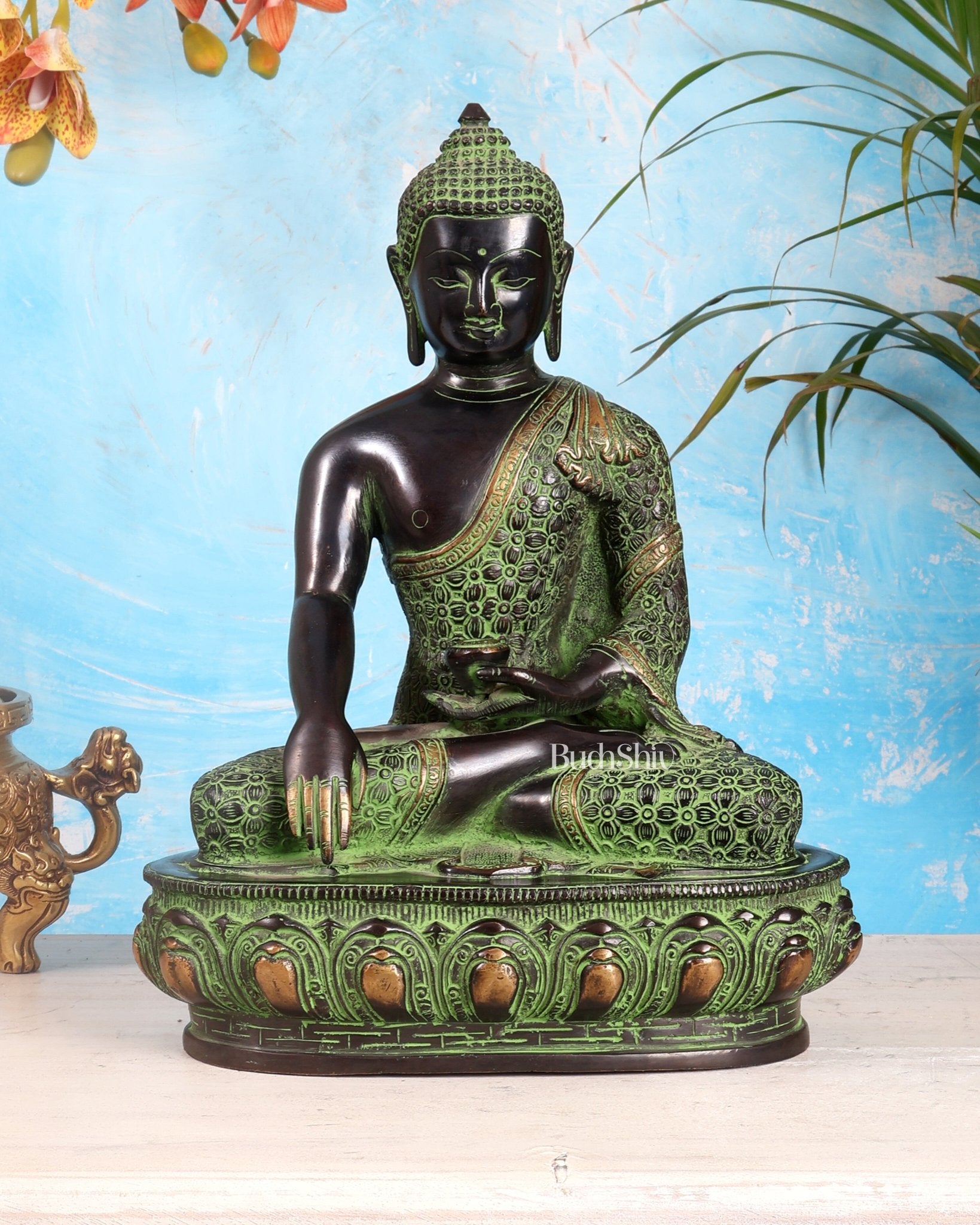 Pure Brass Buddha Sculpture - 13" black and green tone - Budhshiv.com