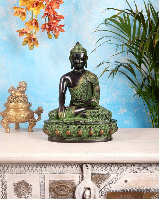 Pure Brass Buddha Sculpture - 13" black and green tone - Budhshiv.com