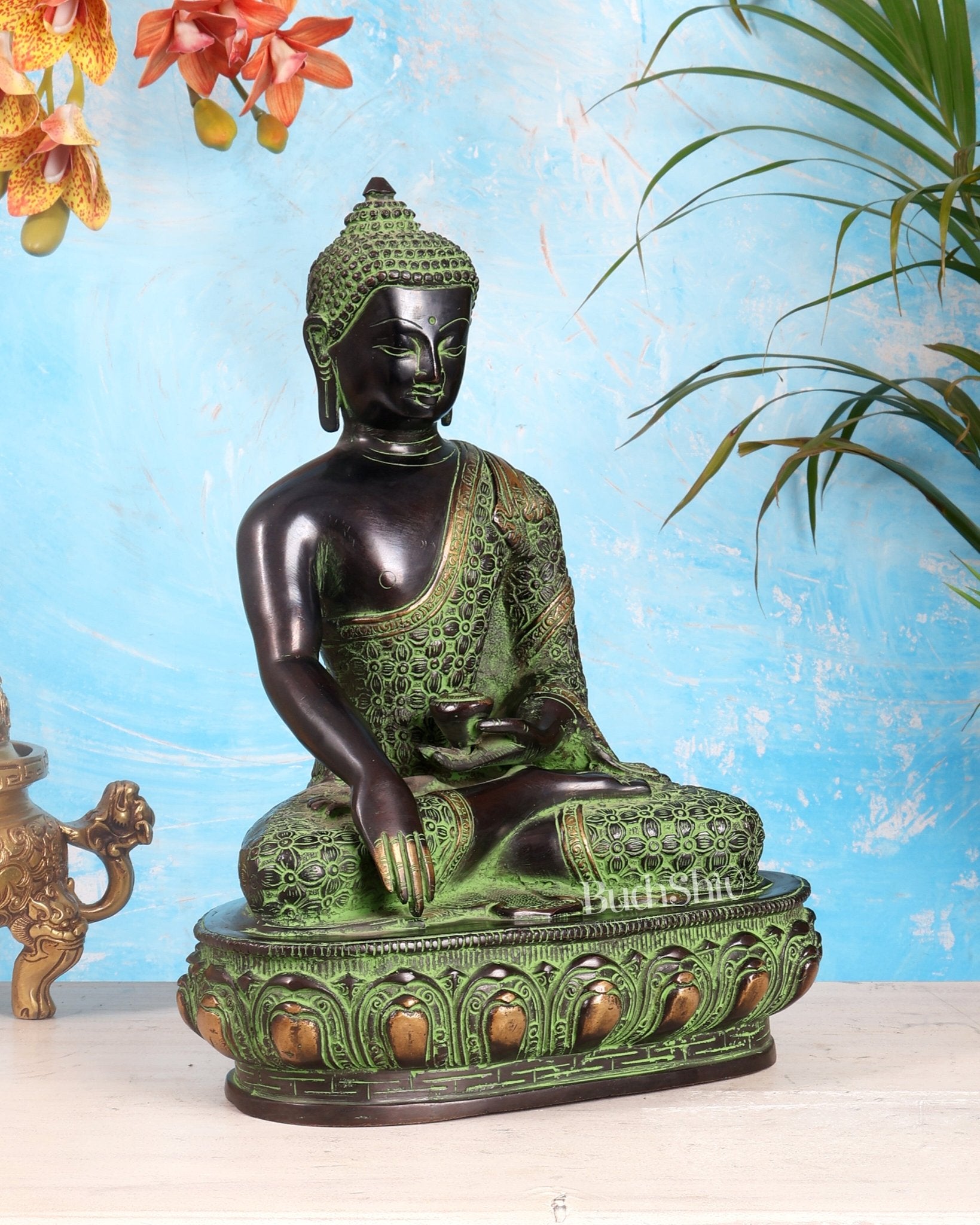 Pure Brass Buddha Sculpture - 13" black and green tone - Budhshiv.com