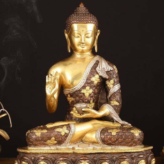 Pure Brass Buddha Sculpture - 13" Three Tone Finish Exclusive - Budhshiv.com