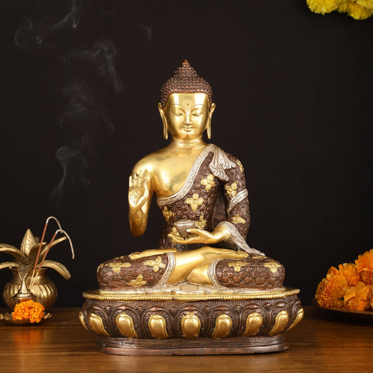 Pure Brass Buddha Sculpture - 13" Three Tone Finish Exclusive - Budhshiv.com