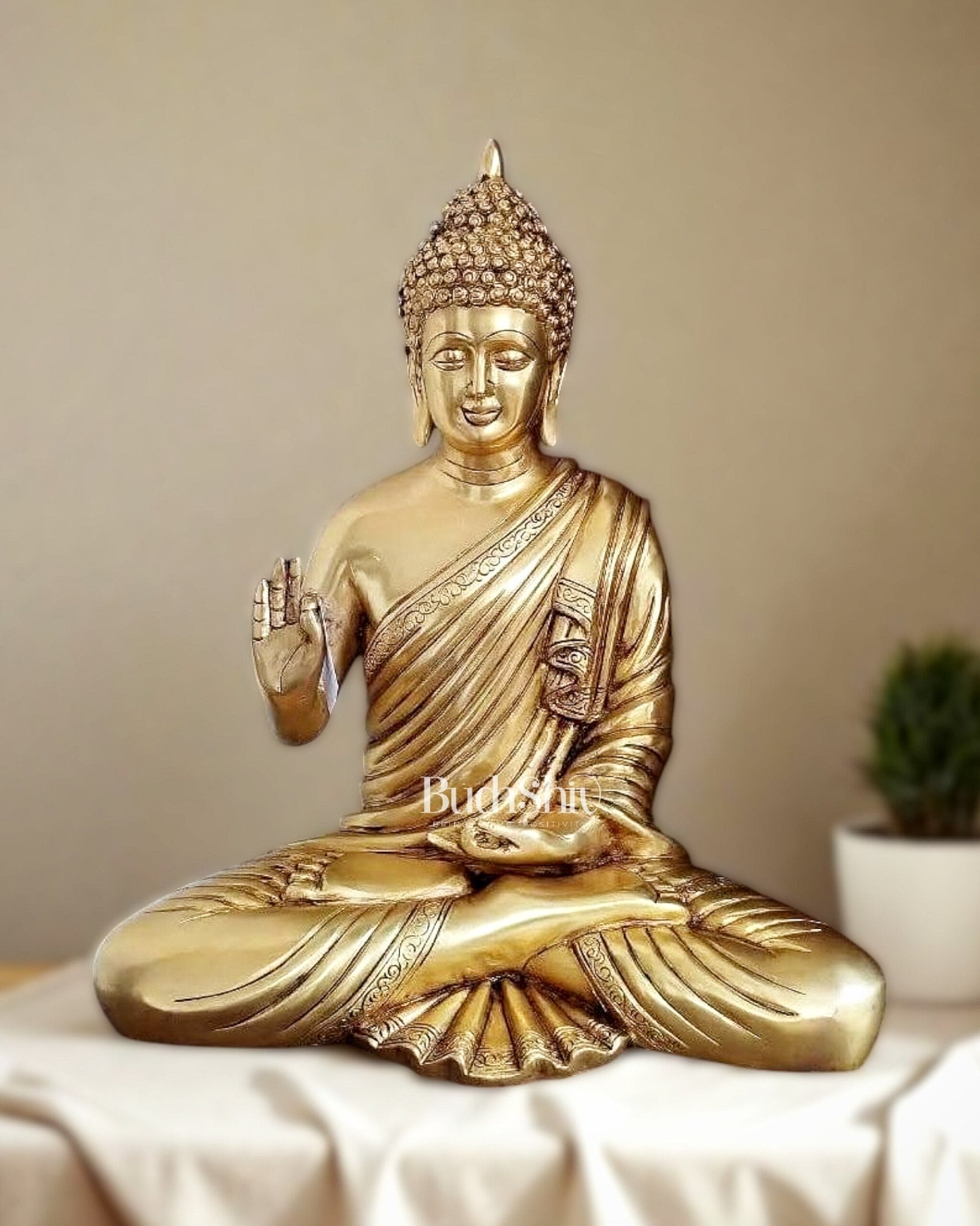 Pure Brass Buddha Statue – 15 Inch | Meditative Peace in Majestic Brass - Budhshiv.com