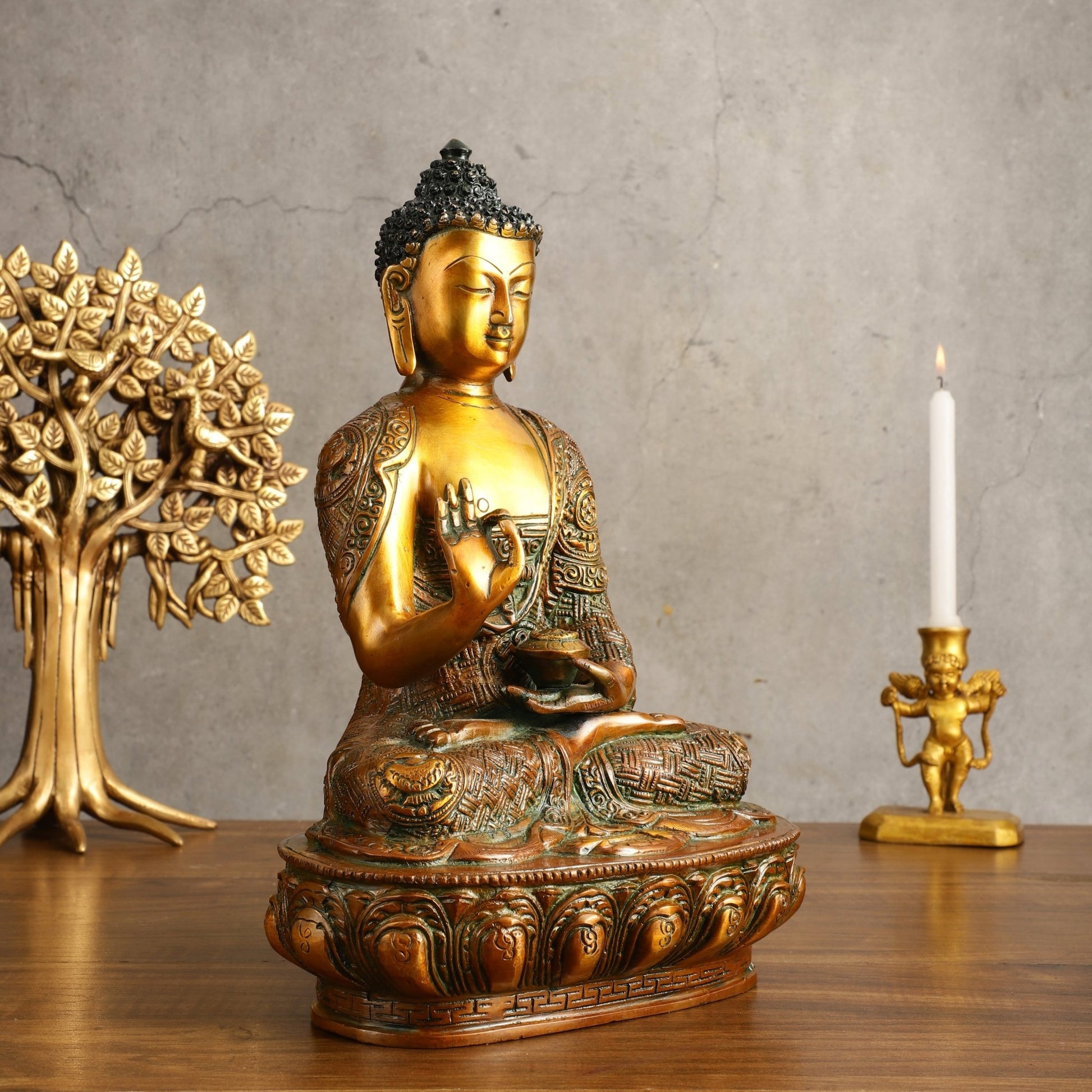 Pure Brass Buddha Statue - Antique Finish, 12" Height - Budhshiv.com