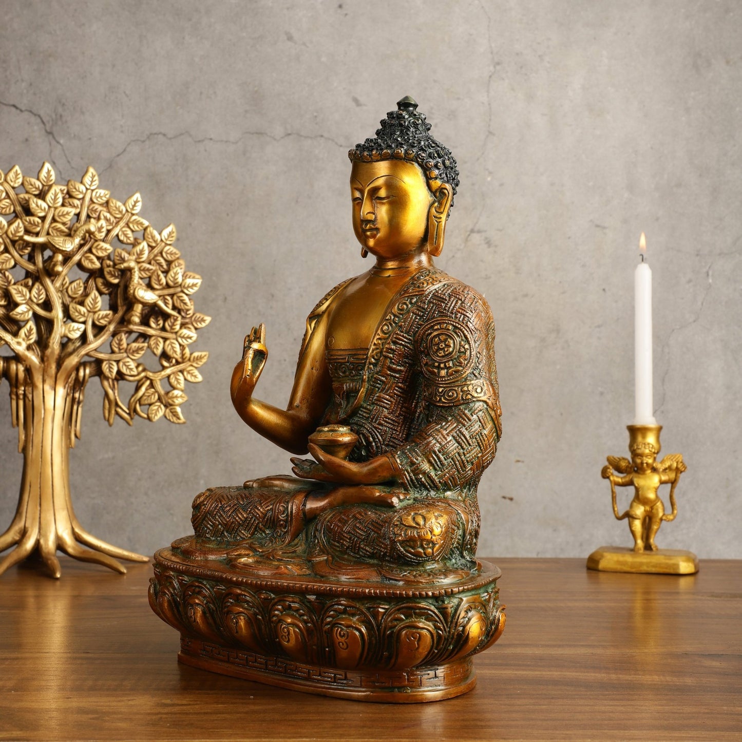 Pure Brass Buddha Statue - Antique Finish, 12" Height - Budhshiv.com