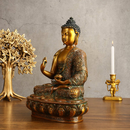 Pure Brass Buddha Statue - Antique Finish, 12" Height - Budhshiv.com