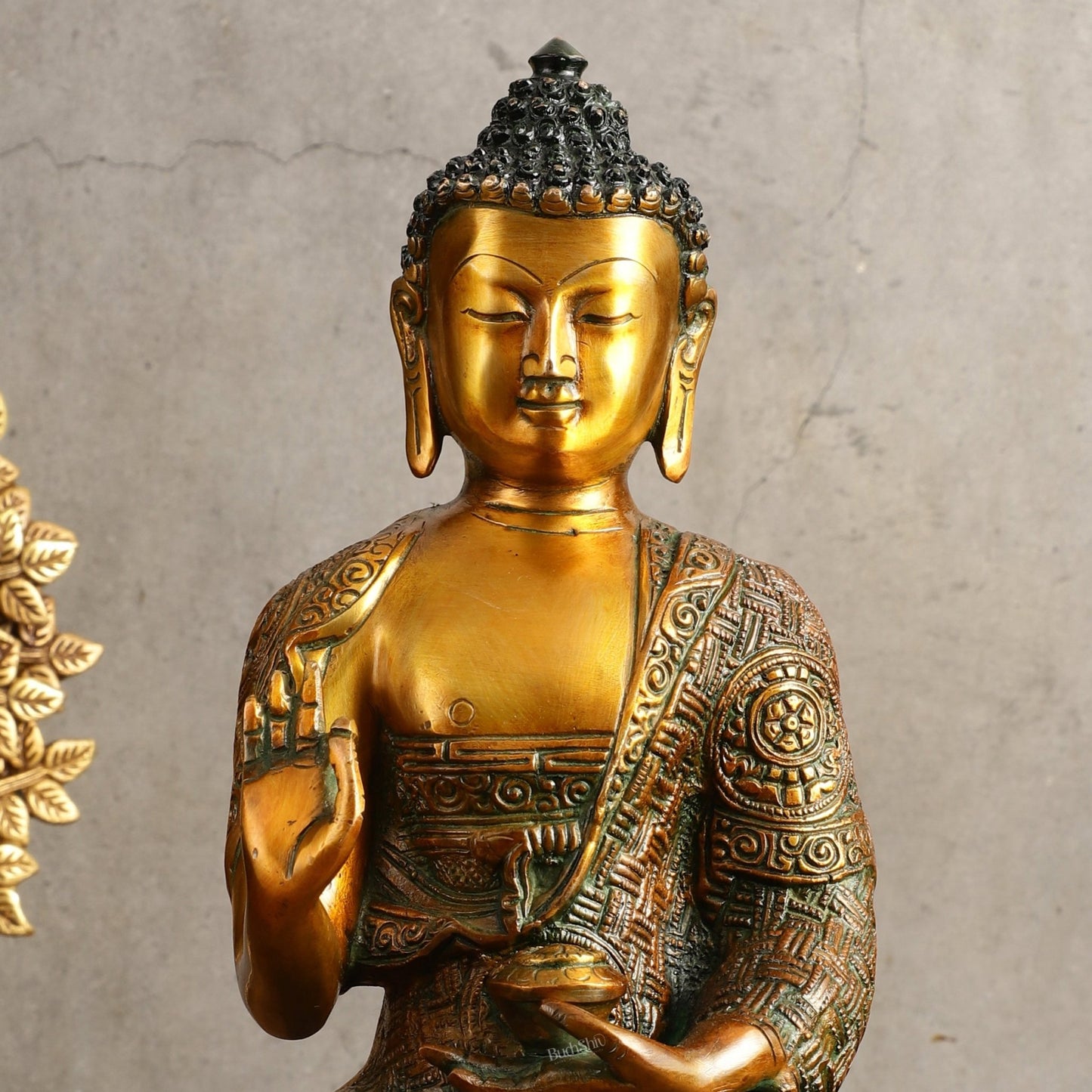 Pure Brass Buddha Statue - Antique Finish, 12" Height - Budhshiv.com