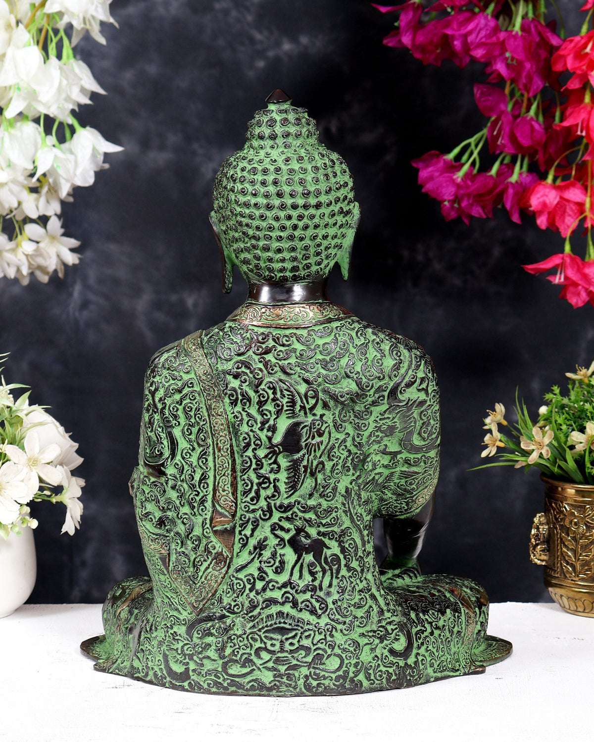 Pure Brass Buddha Statue — Black Green Sand Patina Tone 14 inch - Budhshiv.com