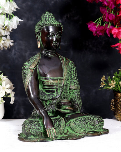 Pure Brass Buddha Statue — Black Green Sand Patina Tone 14 inch - Budhshiv.com