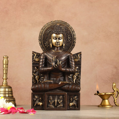 Pure Brass Buddha Statue Dharmachakra | 11" Height - Budhshiv.com