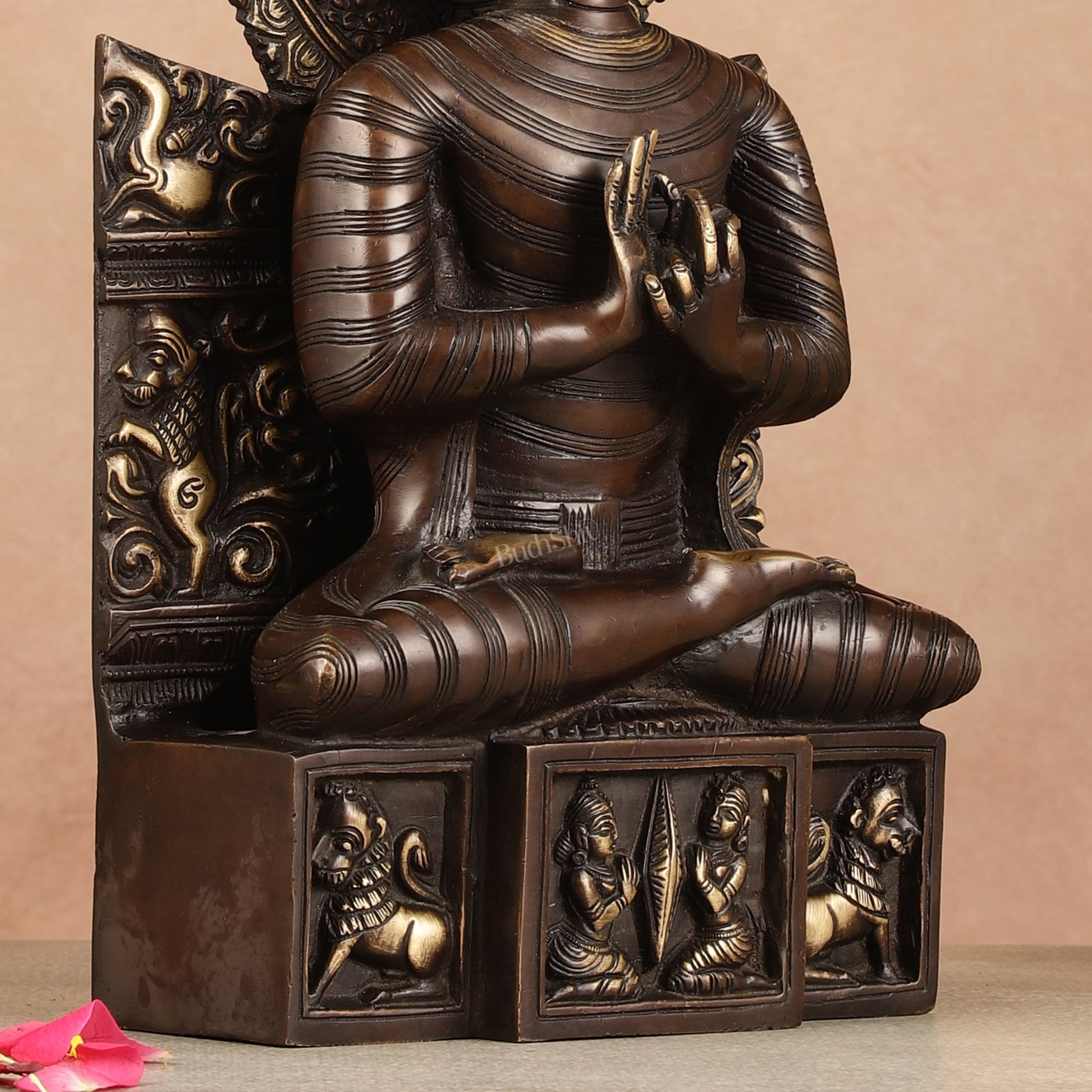 Pure Brass Buddha Statue Dharmachakra | 11" Height - Budhshiv.com