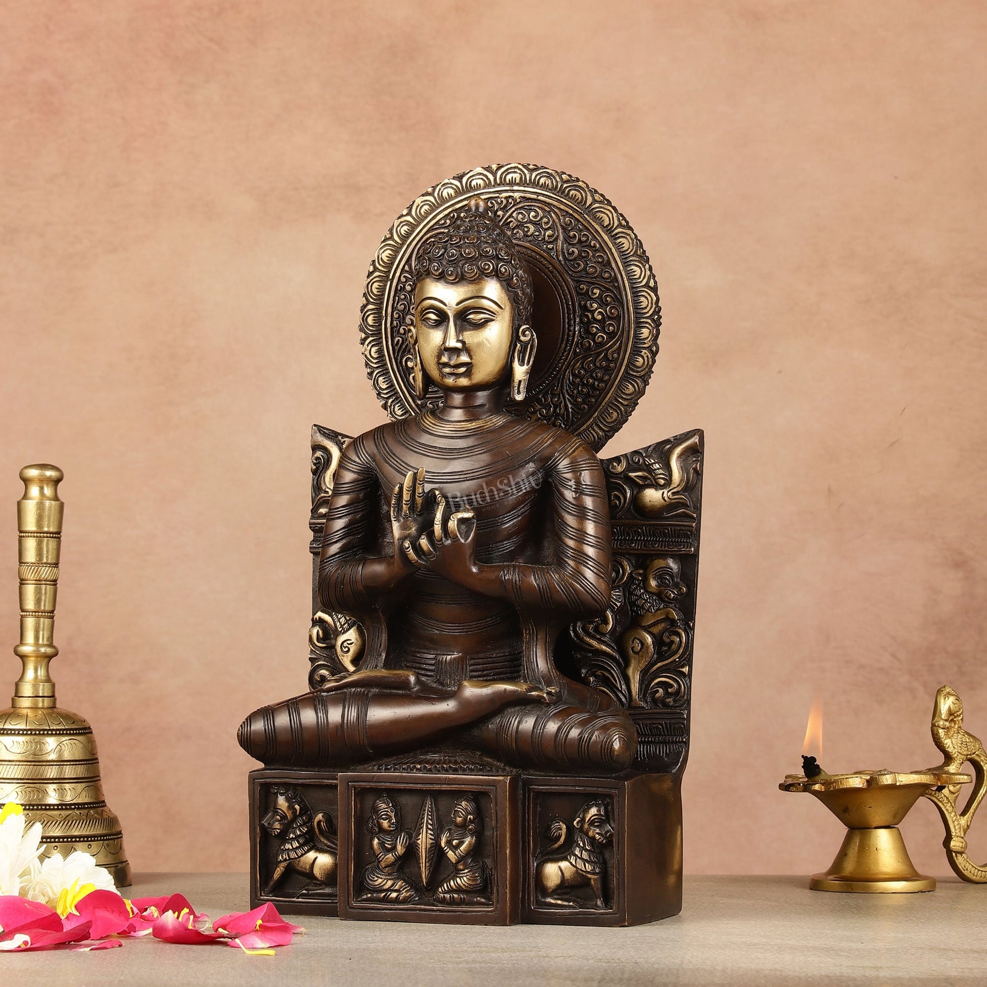 Pure Brass Buddha Statue Dharmachakra | 11" Height - Budhshiv.com