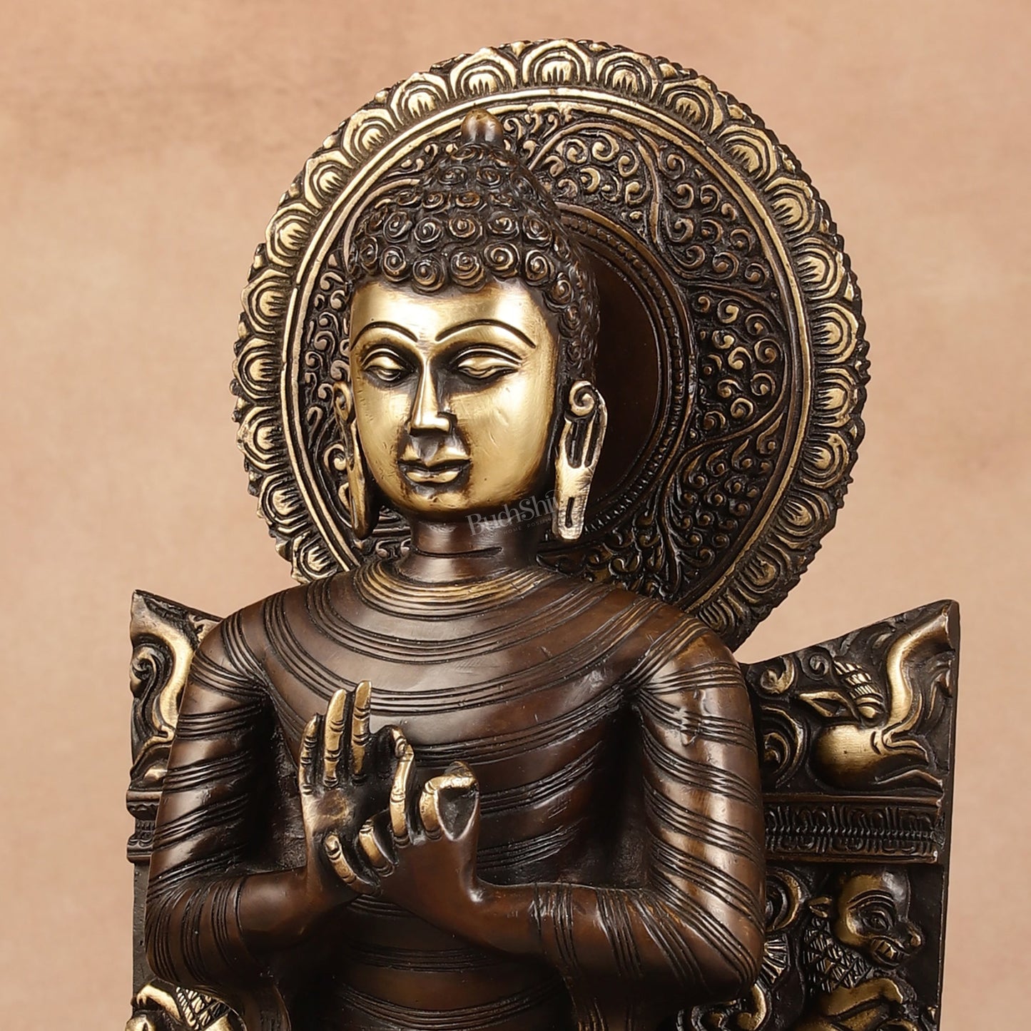 Pure Brass Buddha Statue Dharmachakra | 11" Height - Budhshiv.com