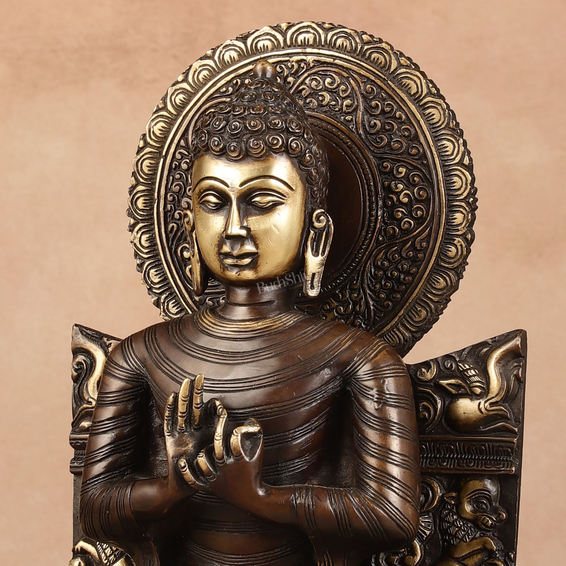Pure Brass Buddha Statue Dharmachakra | 11" Height - Budhshiv.com