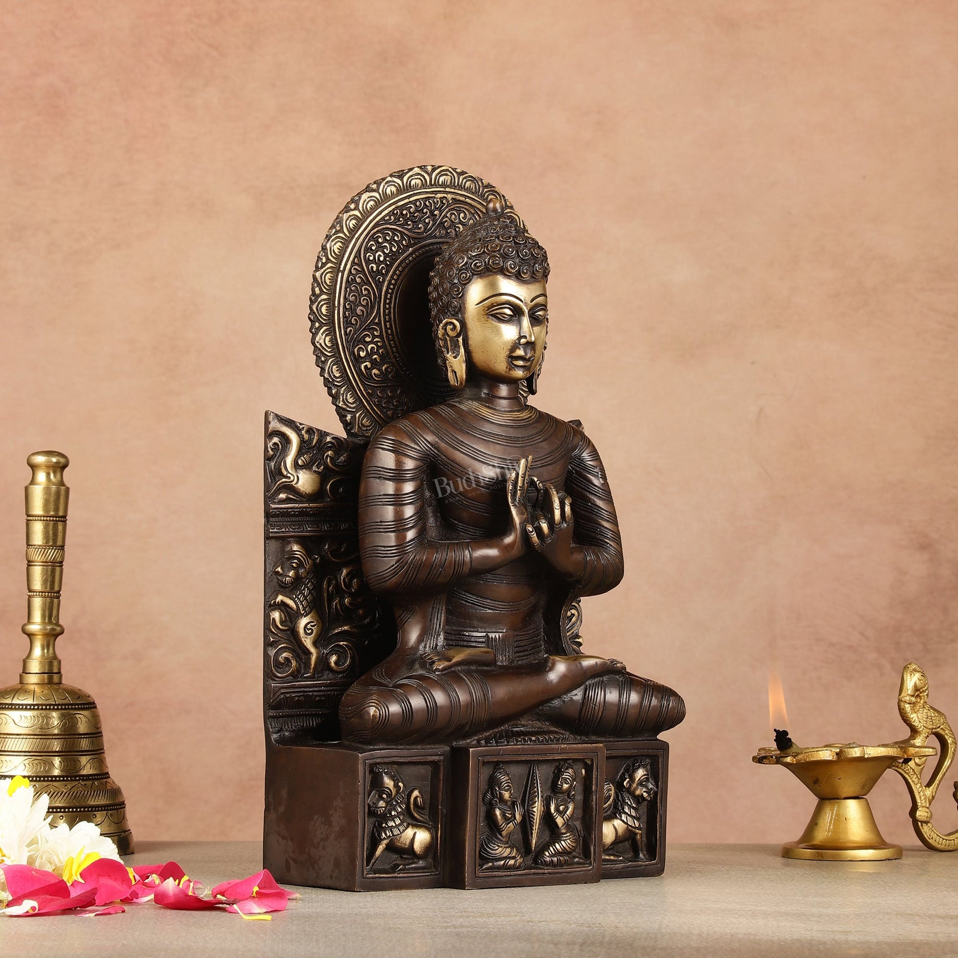 Pure Brass Buddha Statue Dharmachakra | 11" Height - Budhshiv.com