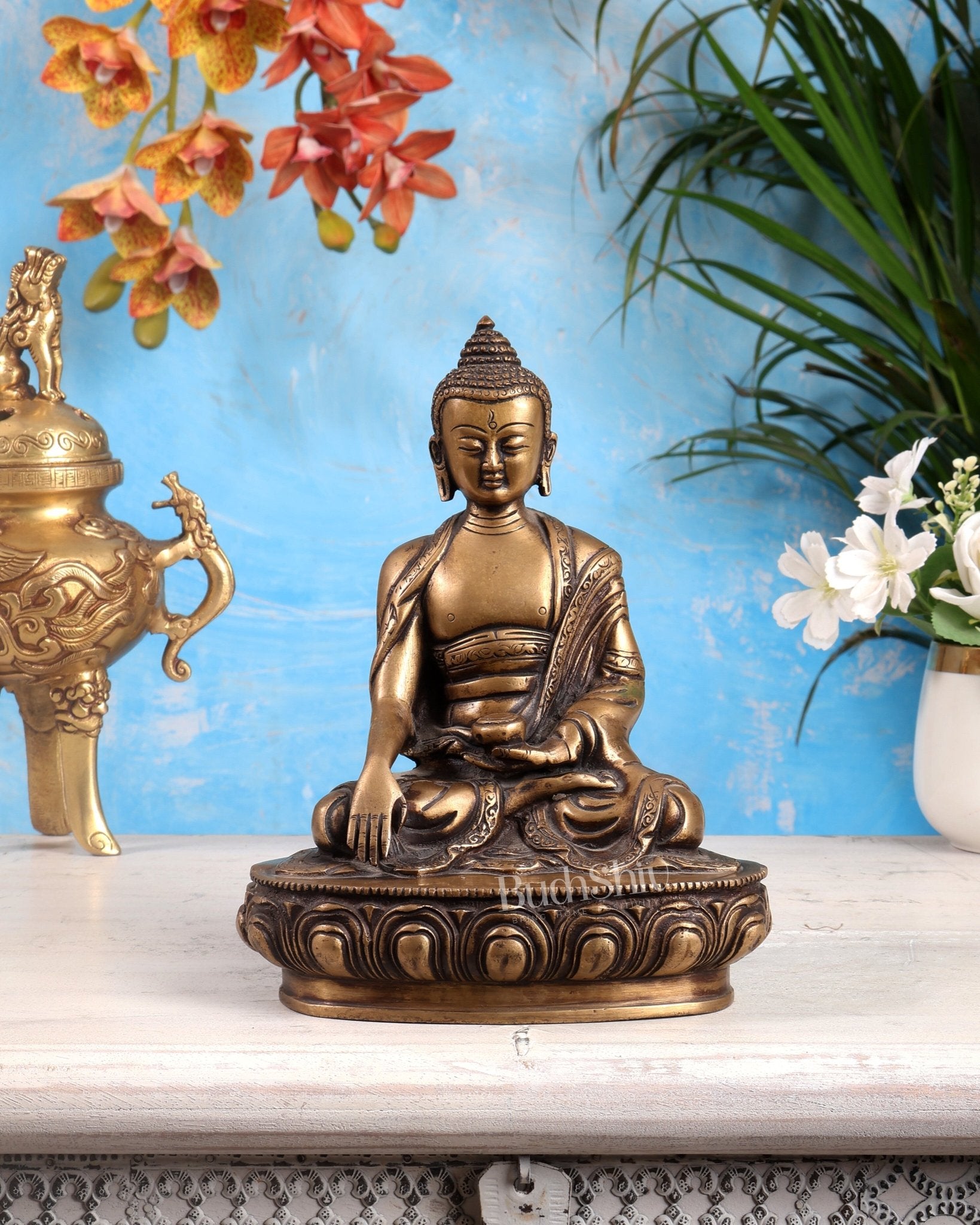 Pure Brass Buddha Statue Dull antique tone 8" - Budhshiv.com