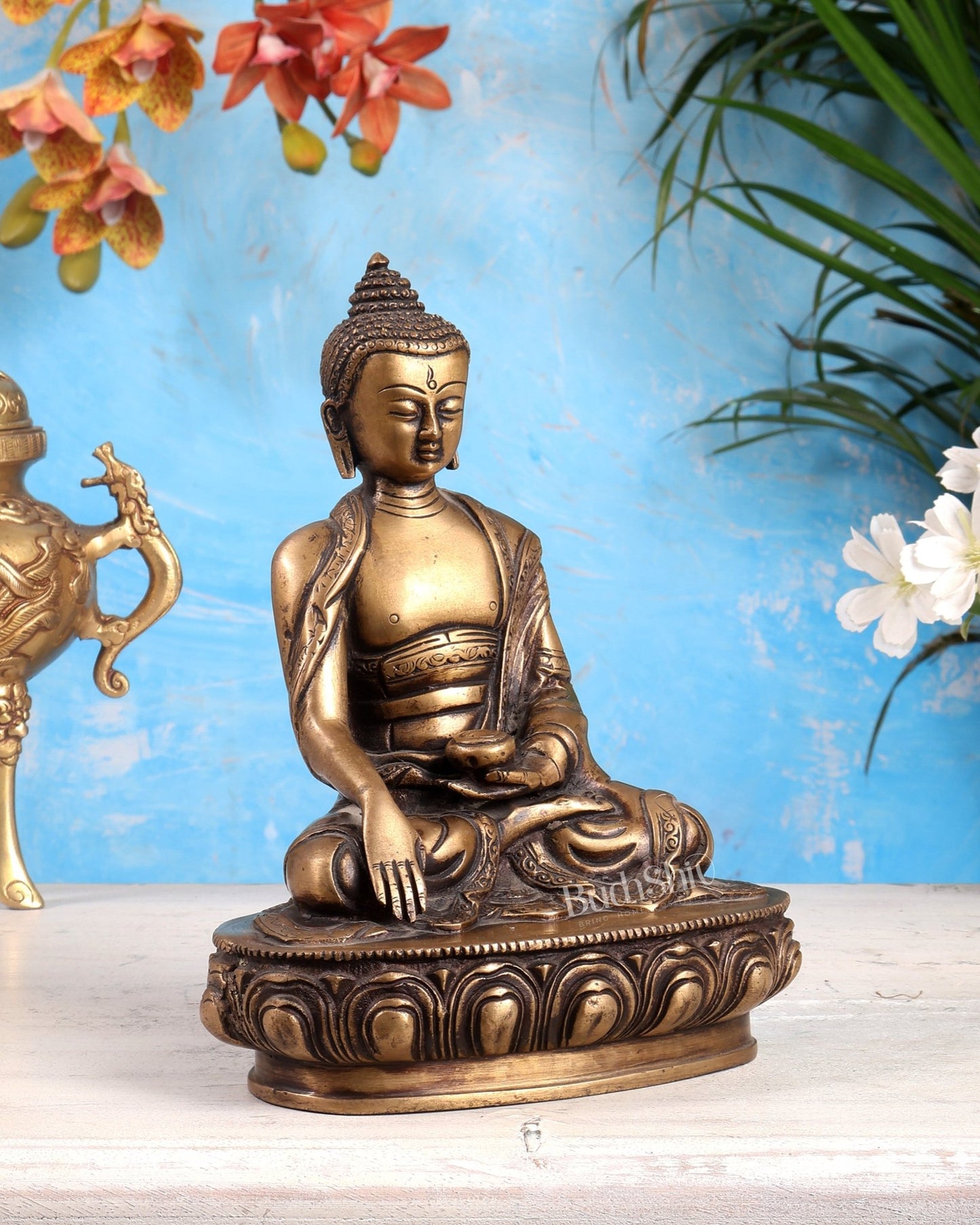 Pure Brass Buddha Statue Dull antique tone 8" - Budhshiv.com